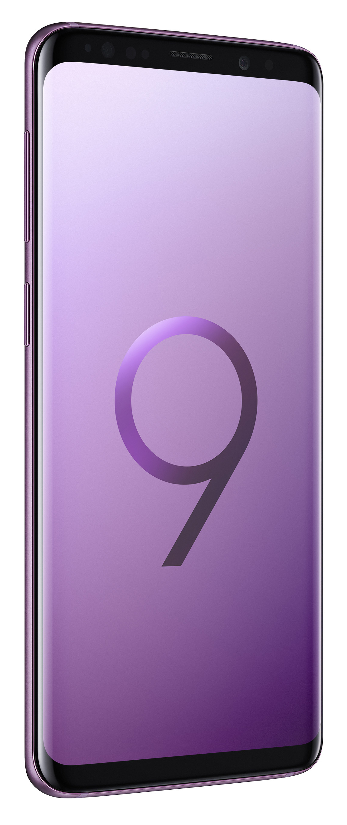 Lila Samsung Galaxy S9, Vorderansicht. Weißer Hintergrund.