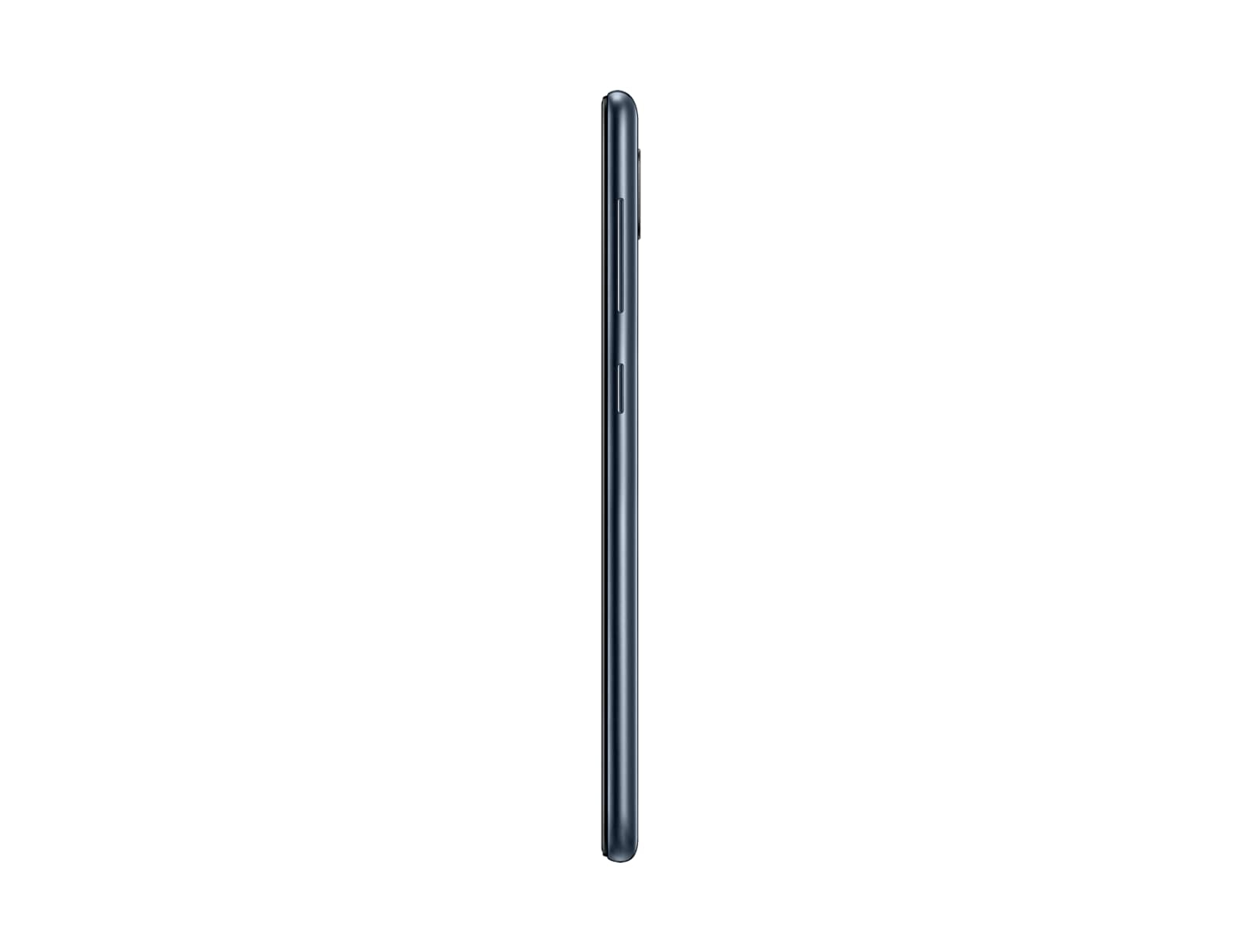 Vista laterale di uno smartphone blu scuro. Design elegante, pulsanti laterali.