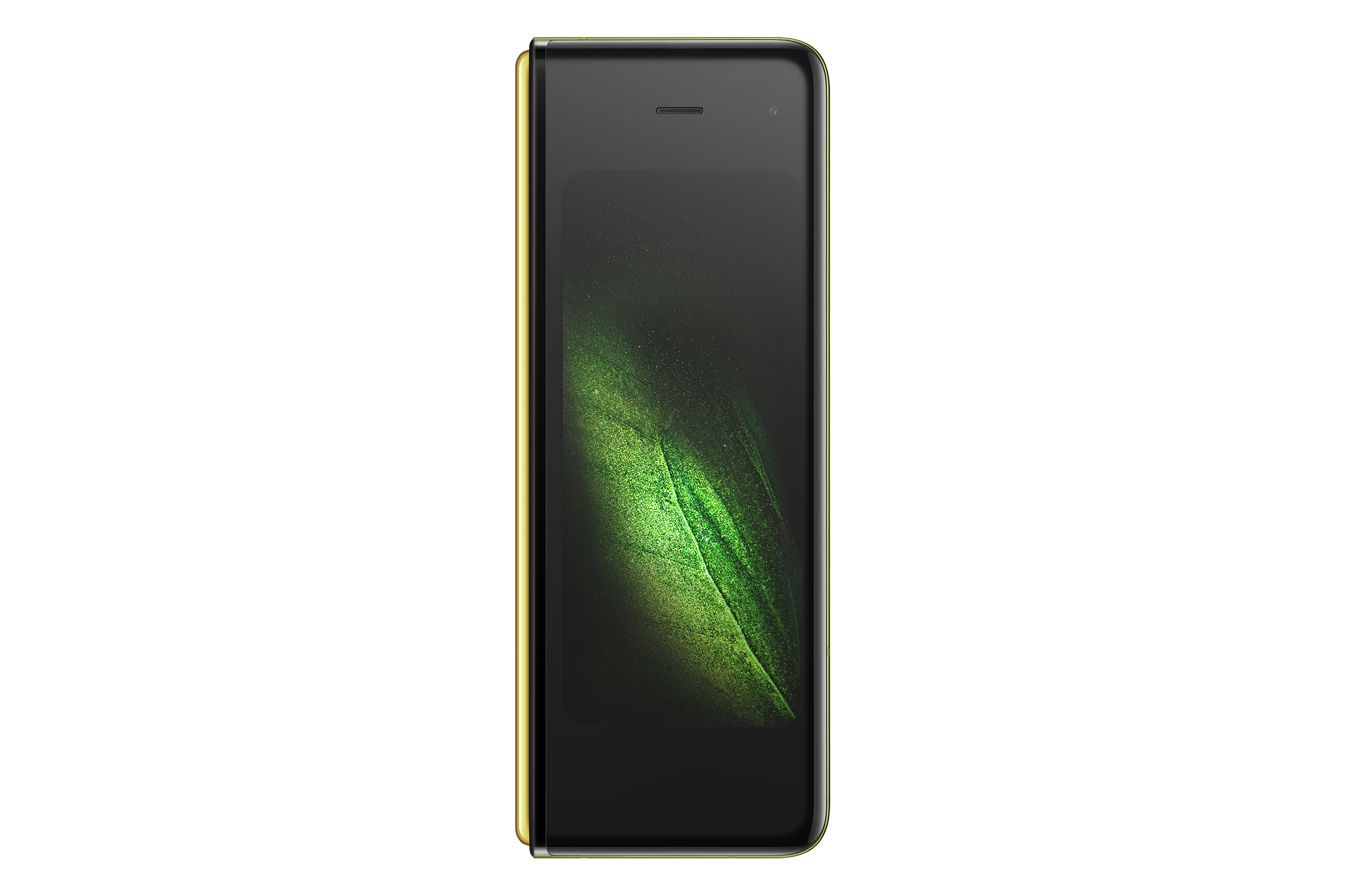 Faltbares Smartphone mit grünem, blattförmigem Bildschirm. Weißer Hintergrund.