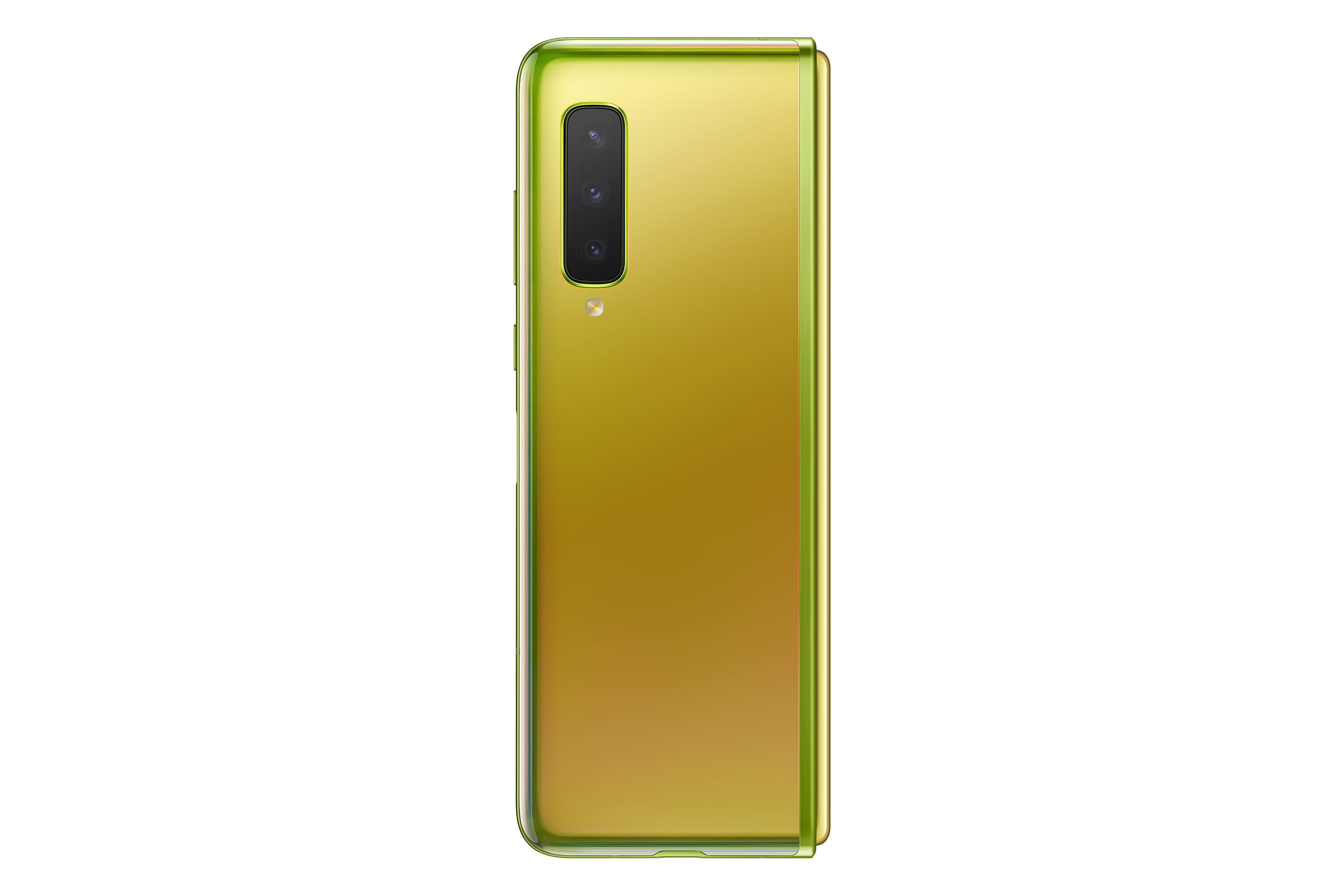 Goldenes faltbares Telefon, Rückansicht. Dreifache Kamera, goldene Rückseite, weißer Hintergrund.