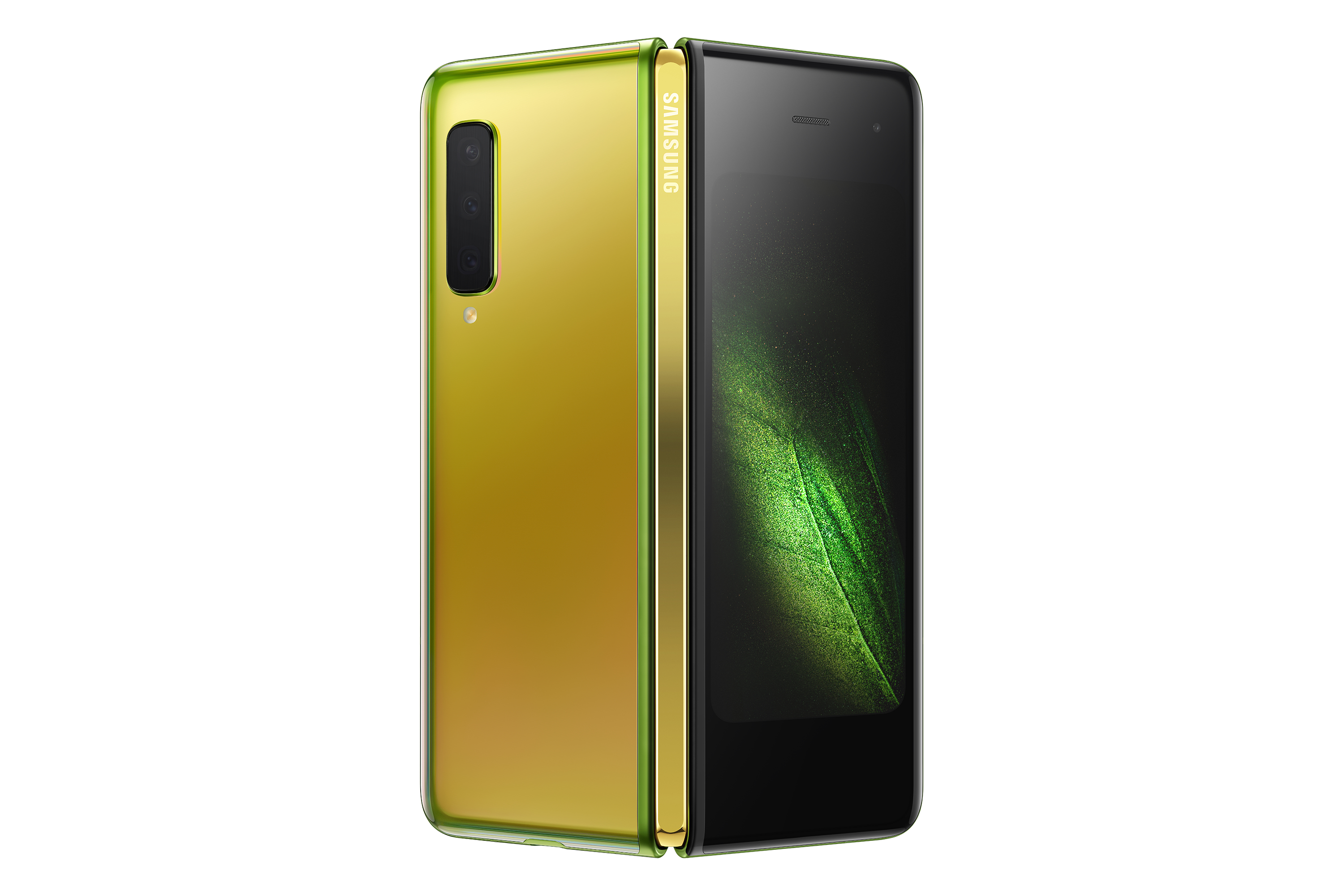 Goldenes und schwarzes faltbares Telefon, teilweise geöffnet. Zeigt ein blattartiges Muster auf dem inneren Bildschirm.