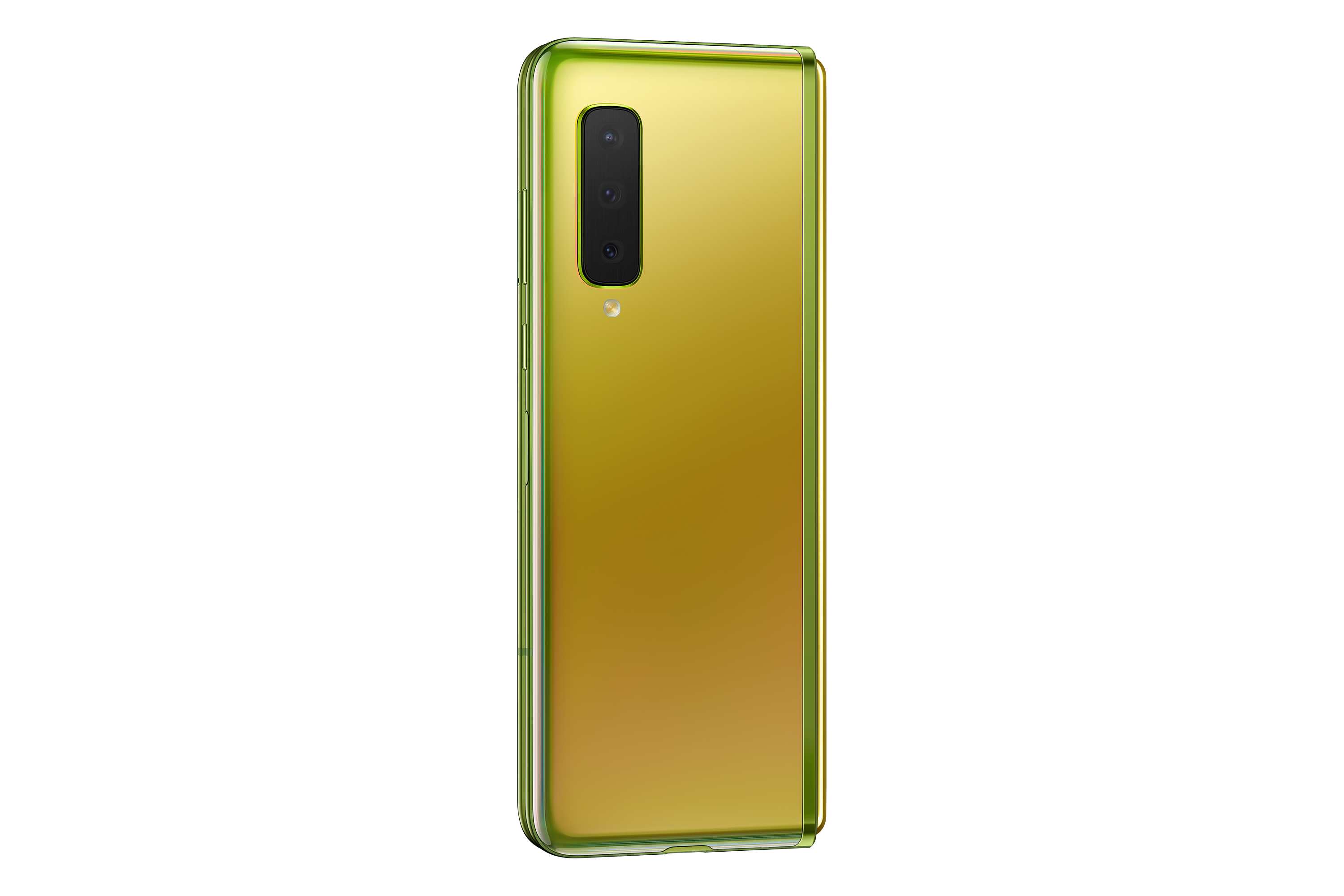 Goldenes faltbares Telefon, Rückansicht. Dreifache Kamera, goldene Rückseite.