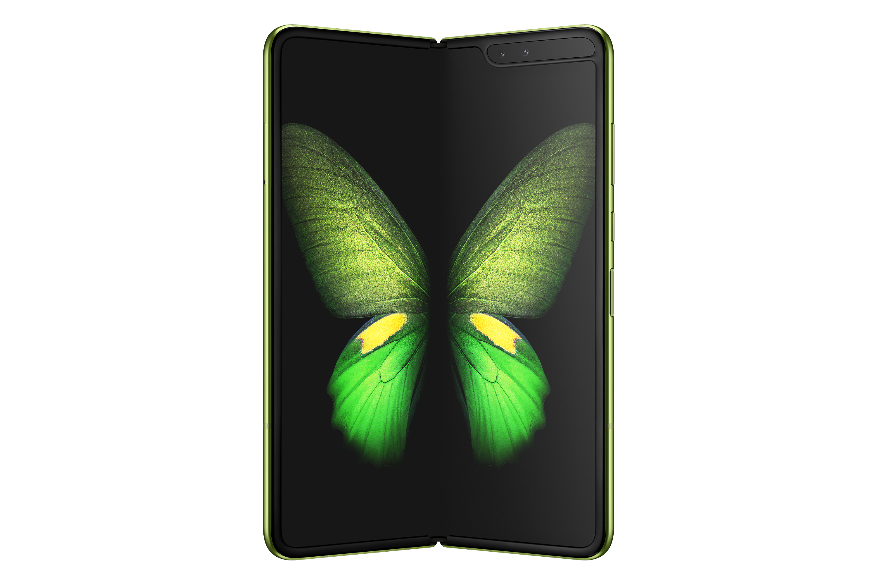 Aufgeklapptes faltbares Telefon. Zeigt grüne Schmetterlingsflügel auf schwarzem Hintergrund.