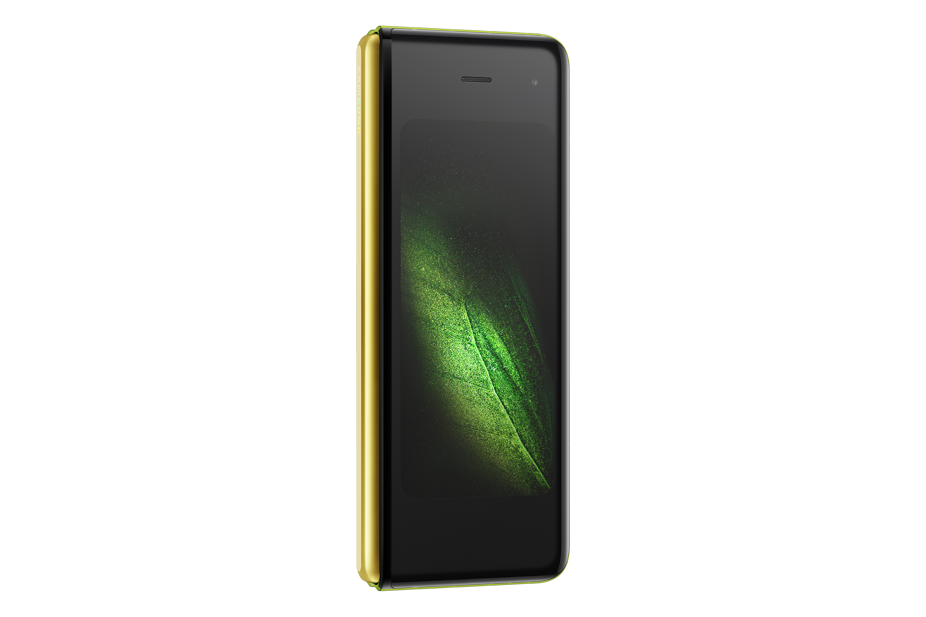 Faltbares Telefon, teilweise geöffnet. Zeigt ein blattartiges Muster auf dem inneren Bildschirm.
