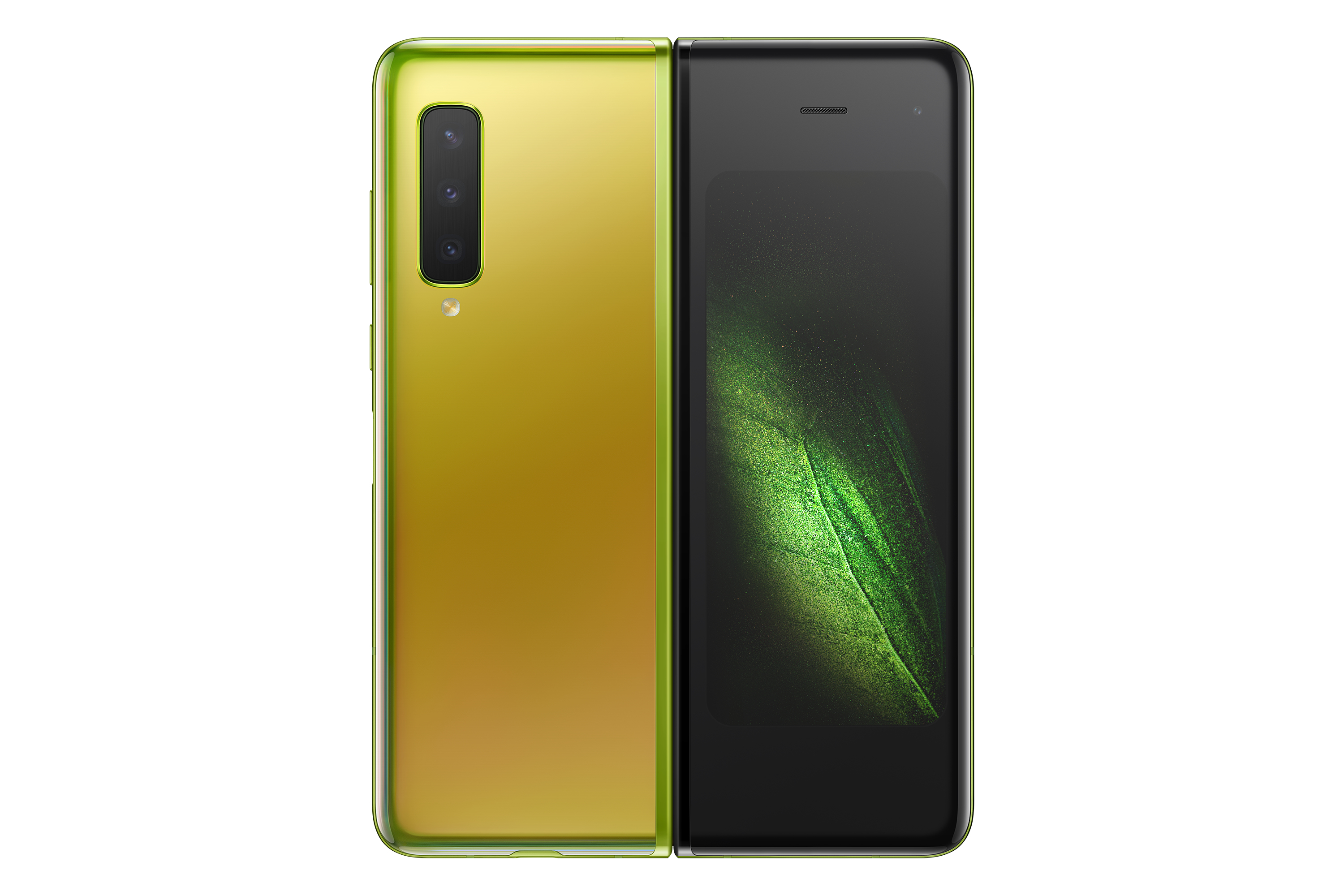 Faltbares Telefon, teilweise geöffnet. Rückseite in Gold, Display mit blattartigem Muster.