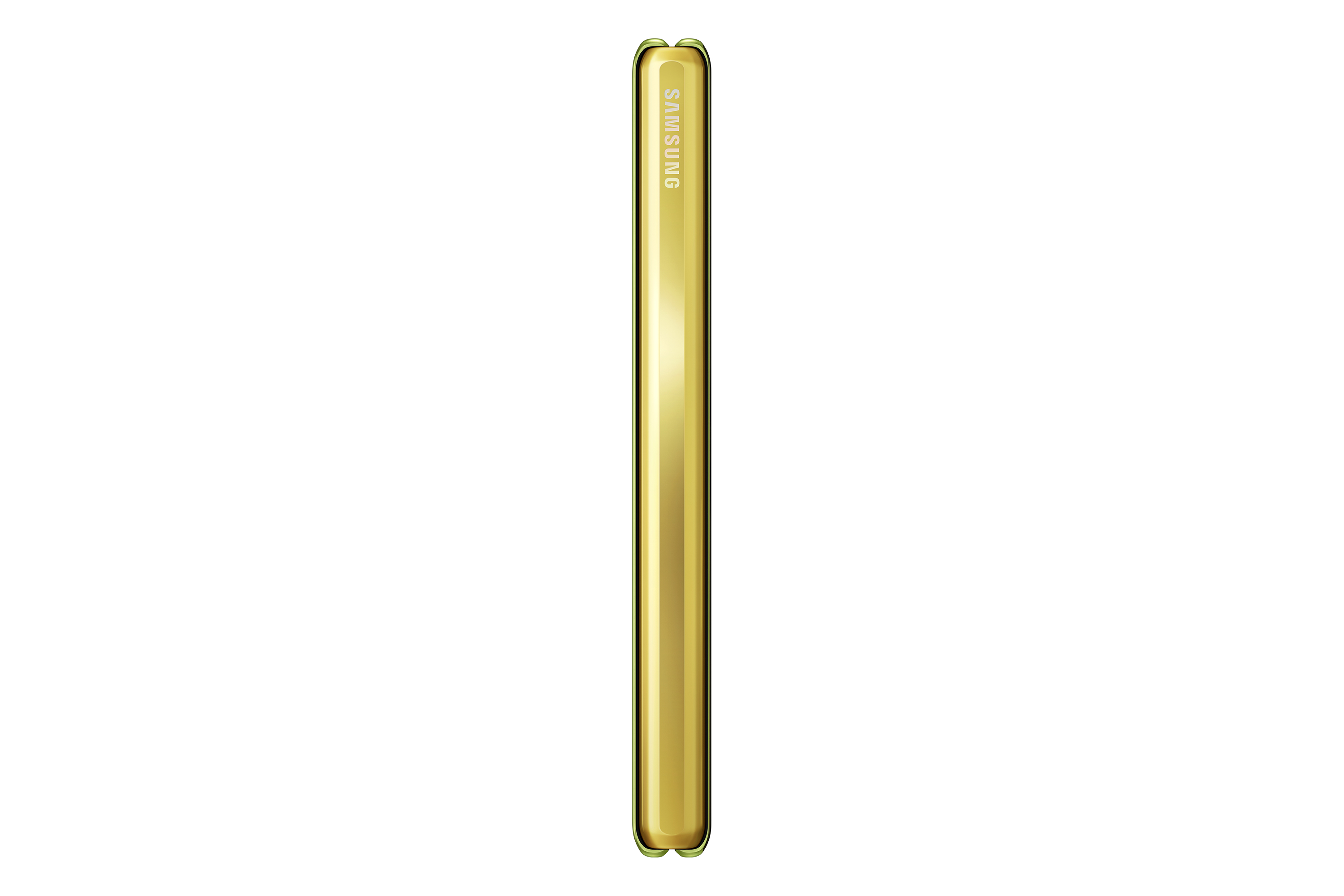 Seitenansicht eines goldenen faltbaren Telefons. Samsung-Logo sichtbar.