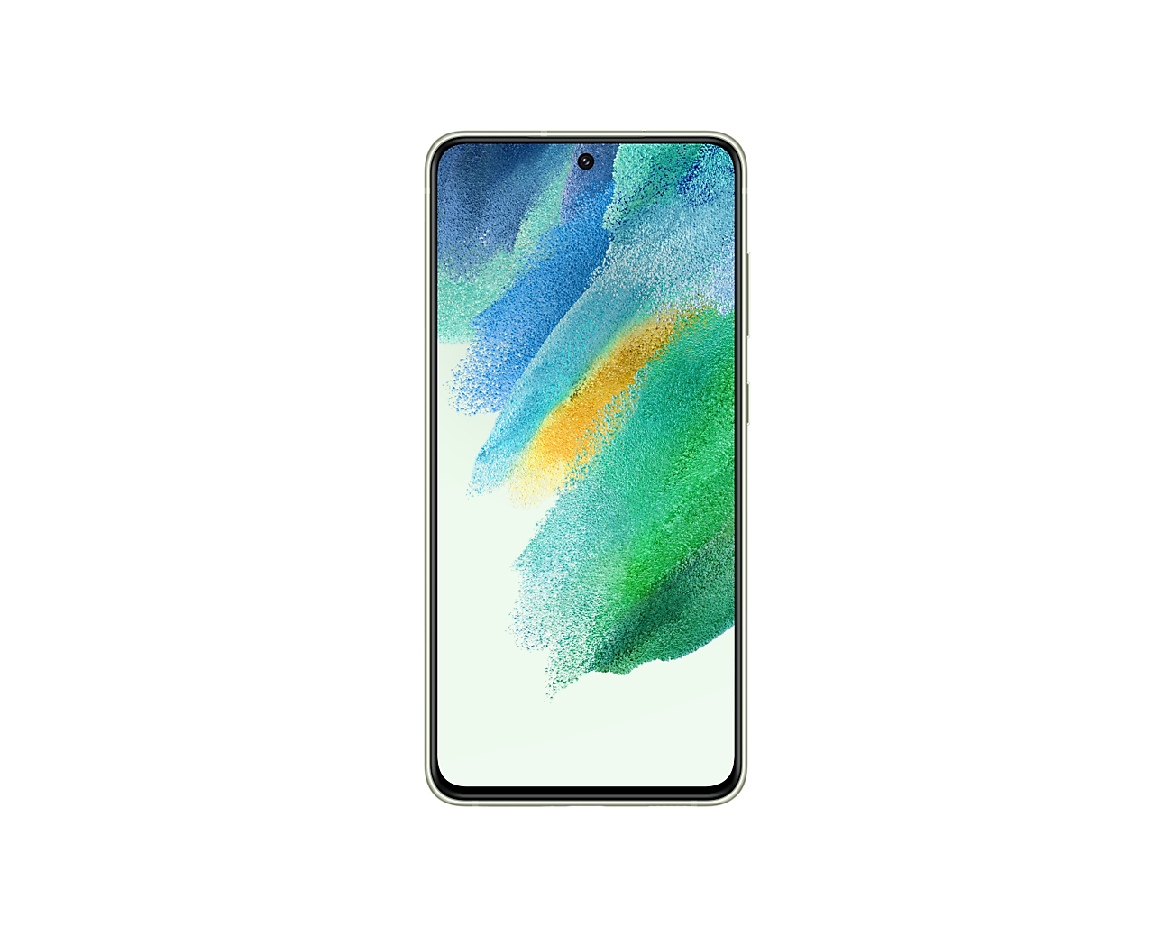 Grüner Smartphone-Bildschirm, zeigt abstraktes blaues und grünes Design, zentriert.