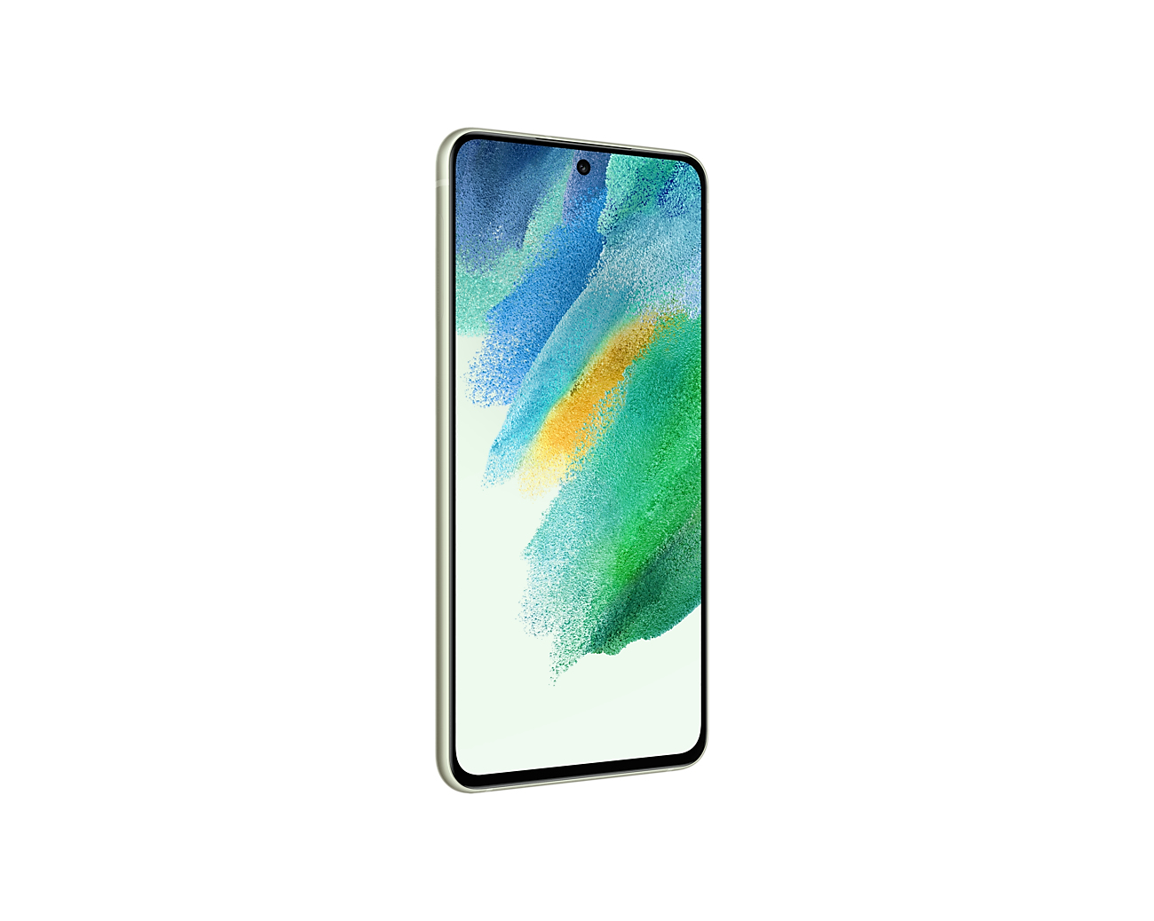 Ein grünes Smartphone, abgewinkelt, zeigt seinen Bildschirm mit blauem und grünem Design.