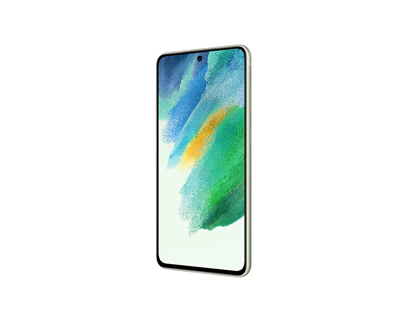 Ein grünes Smartphone, abgewinkelt, zeigt seinen Bildschirm mit blauem, gelbem und grünem Design.