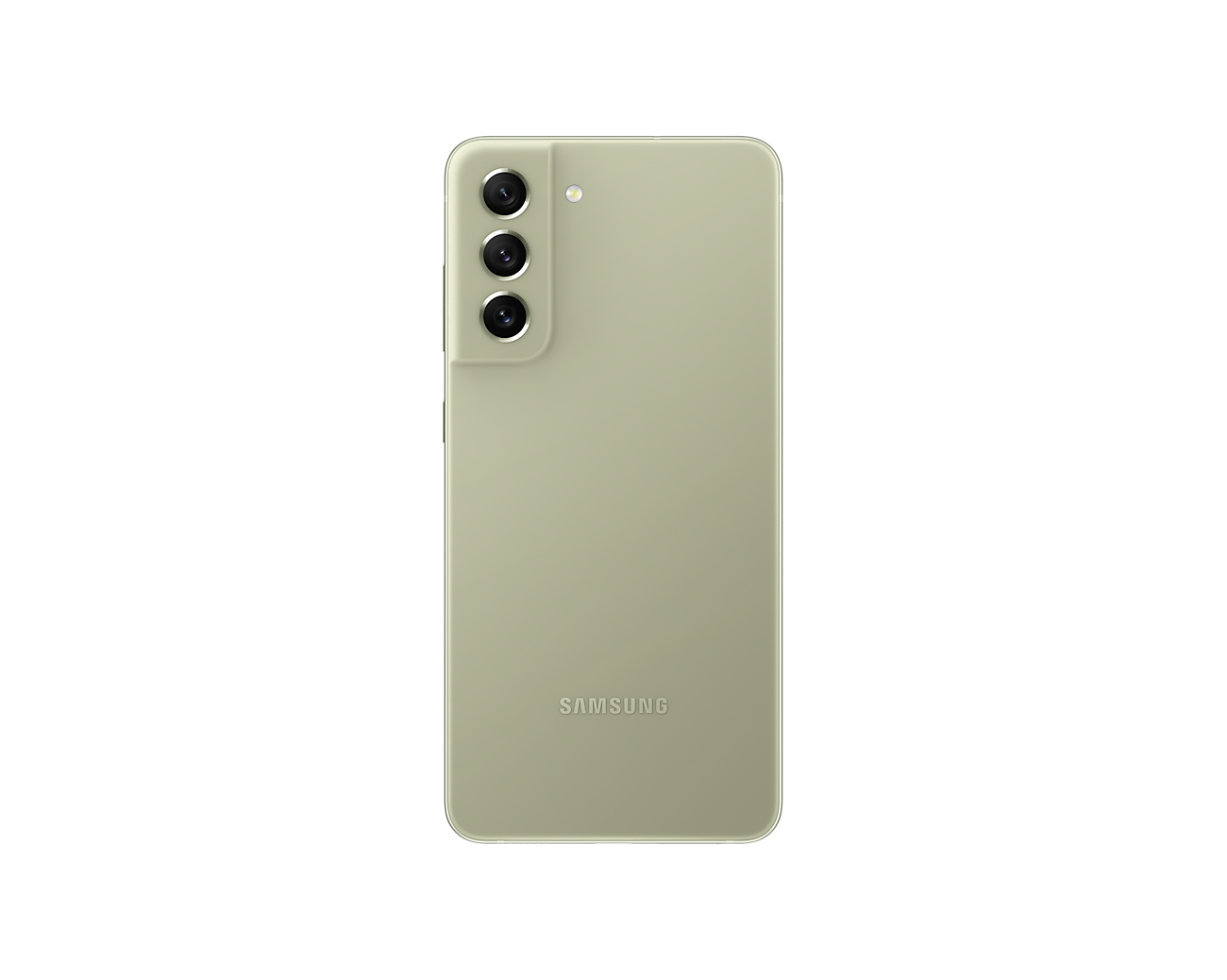 Die Rückseite eines grünen Smartphones mit drei Kameras und dem Samsung-Logo.
