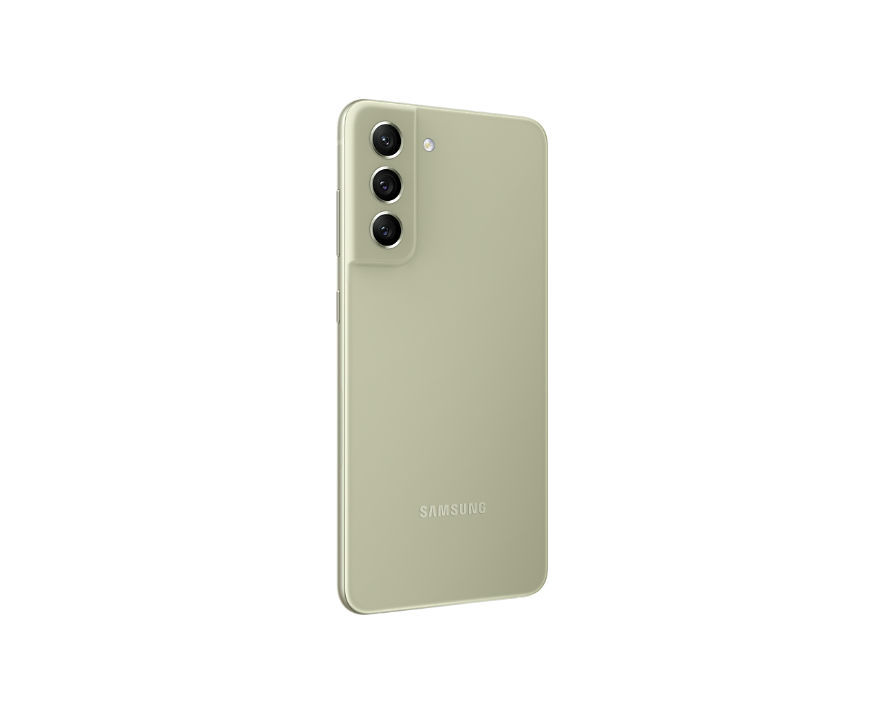 Die Rückseite eines grünen Smartphones zeigt drei Kameras und das Samsung-Logo.