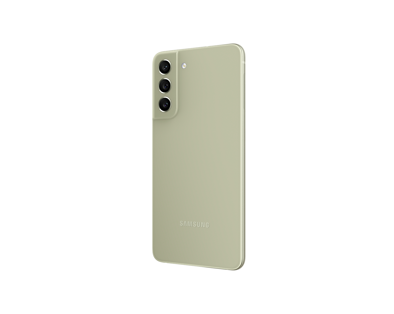 Rückseite eines Smartphones mit drei Kameras, schräg gestellt, grün.
