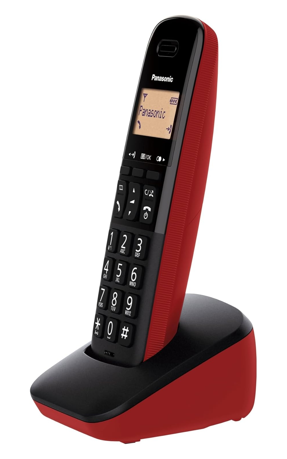 Un telefono cordless Panasonic rosso e nero nella sua base di ricarica. Il telefono è leggermente angolato.