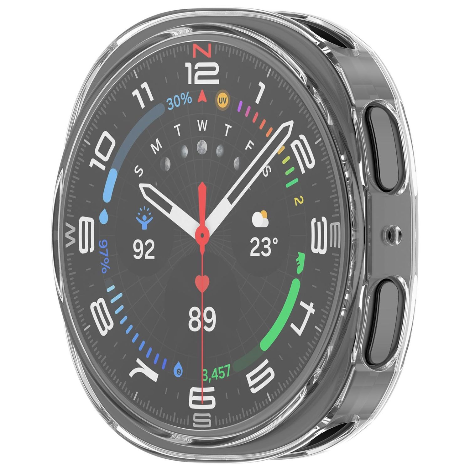 Eine Smartwatch mit einer transparenten Schutzhülle zeigt ein detailliertes Zifferblatt mit verschiedenen Gesundheitsmetriken.