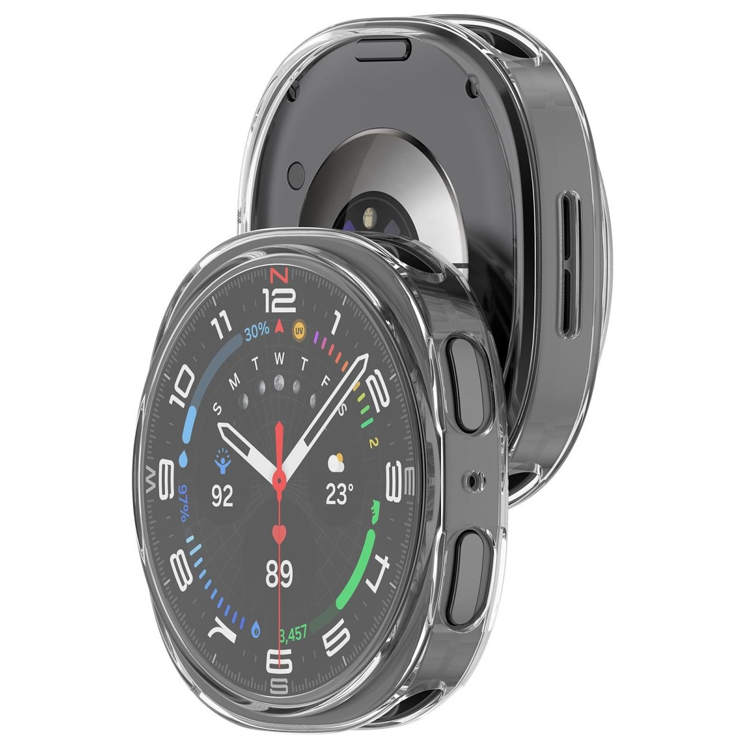 Eine Smartwatch mit einem transparenten Gehäuse zeigt ein detailliertes Display mit verschiedenen Metriken und einem roten Sekundenzeiger.