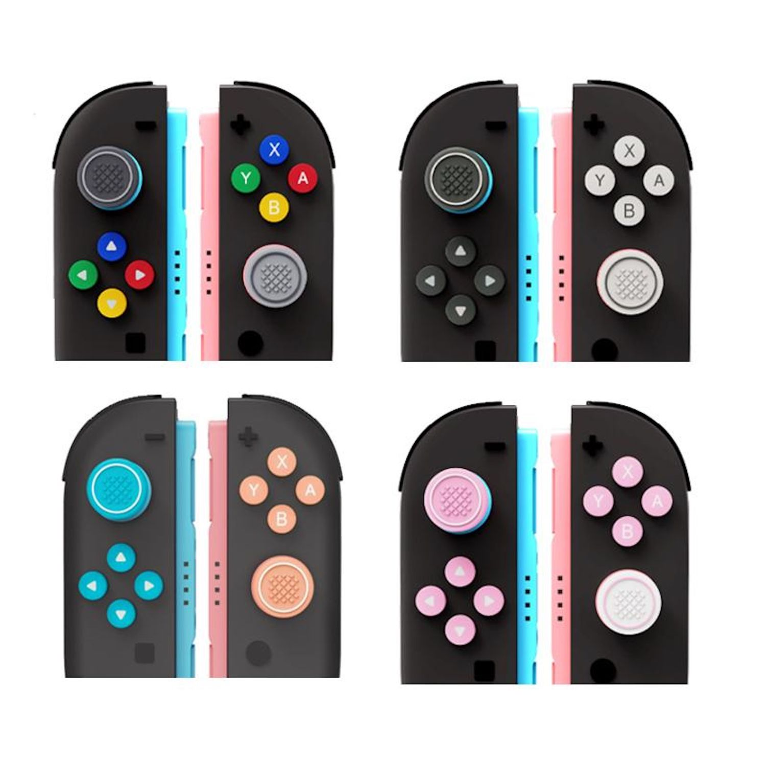 Se muestran cuatro pares de controladores negros con botones coloridos, cada uno mostrando diseños de botones únicos.