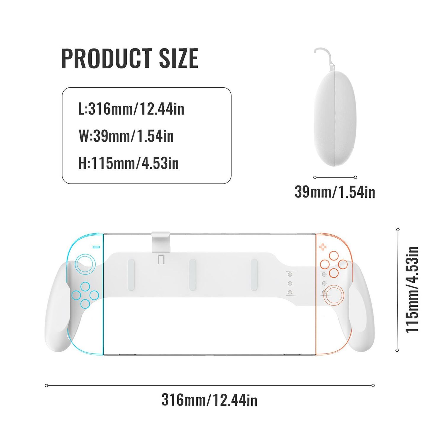 Se muestran las dimensiones del tamaño del producto para un agarre de controlador de juego con un controlador pequeño.