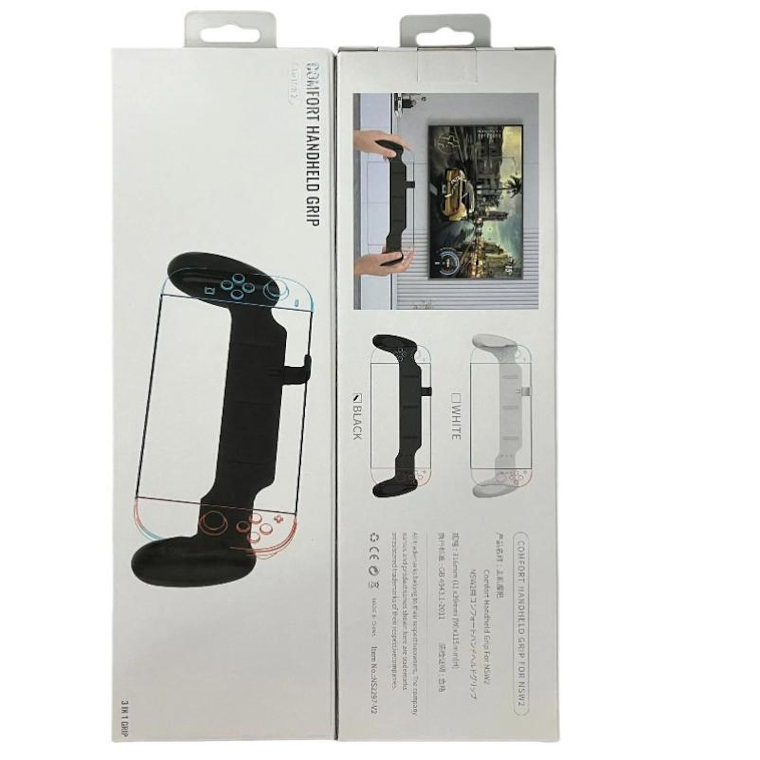 Una caja de producto muestra una empuñadura de mano cómoda para una consola, con opciones de color en blanco y negro.
