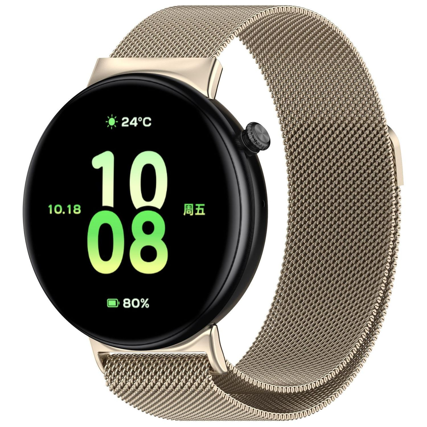 Goldene Uhr mit schwarzem Bildschirm, der Zeit, Datum und Akkulaufzeit anzeigt. Ein goldenes Mesh-Armband ist angeschlossen.