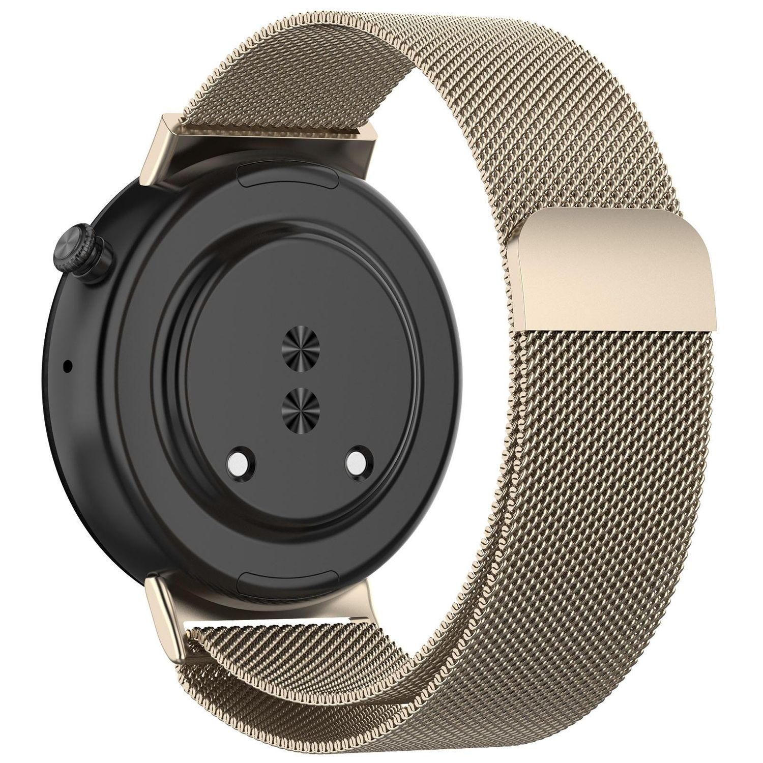 Eine goldene Smartwatch mit schwarzer Rückseite und Mesh-Armband wird von hinten gezeigt.