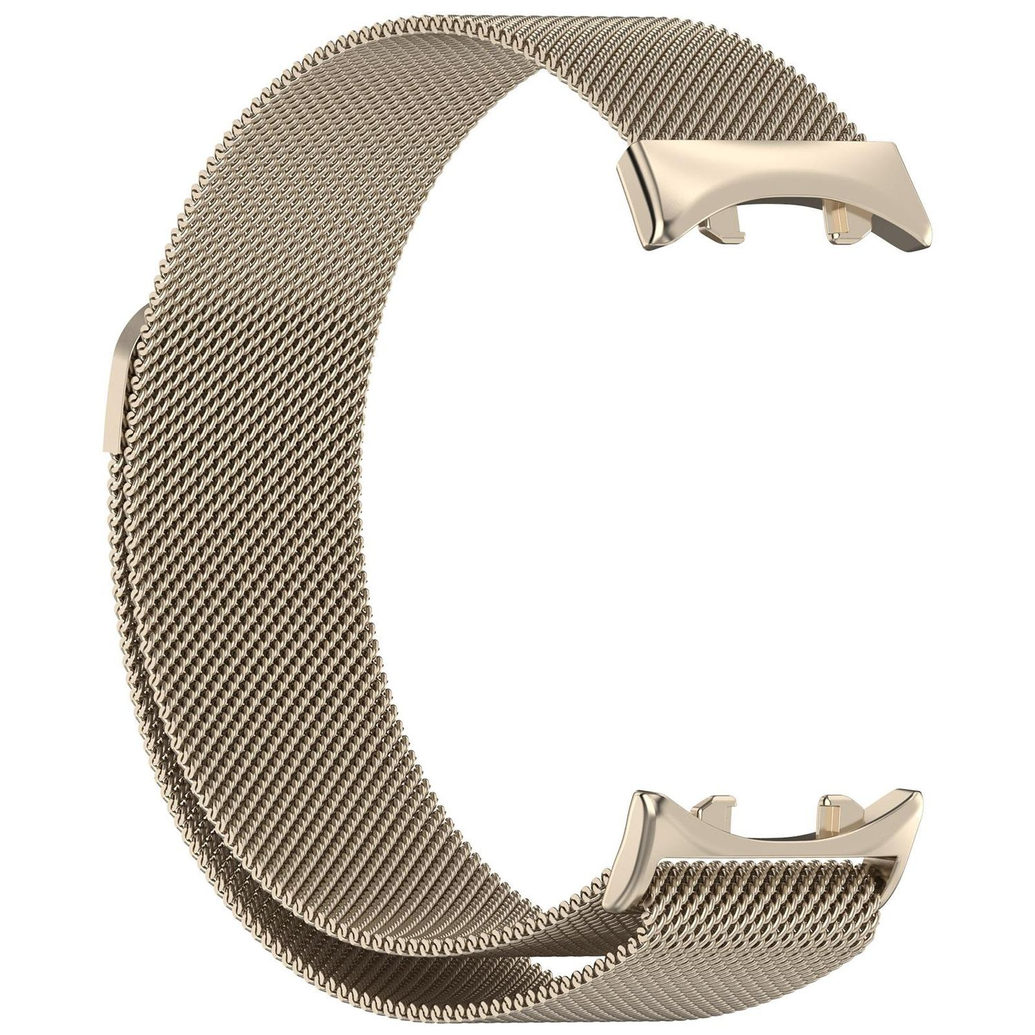 Ein goldenes Mesh-Uhrenarmband. Das Armband ist gebogen, mit Verschlüssen an beiden Enden.