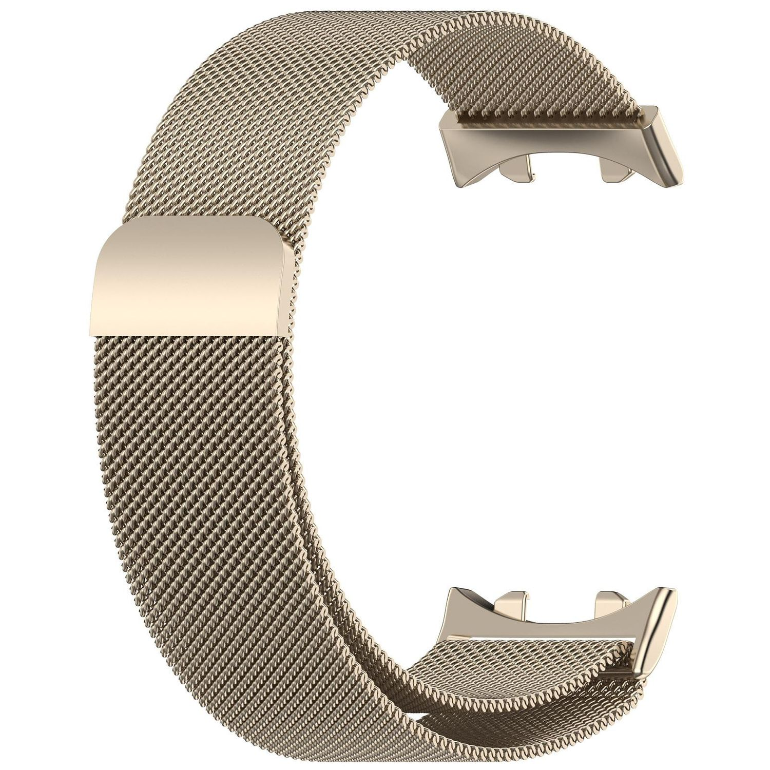Ein goldfarbenes Mesh-Uhrenarmband, das zu einer C-Form gebogen ist, wird mit geöffnetem Verschluss gezeigt.