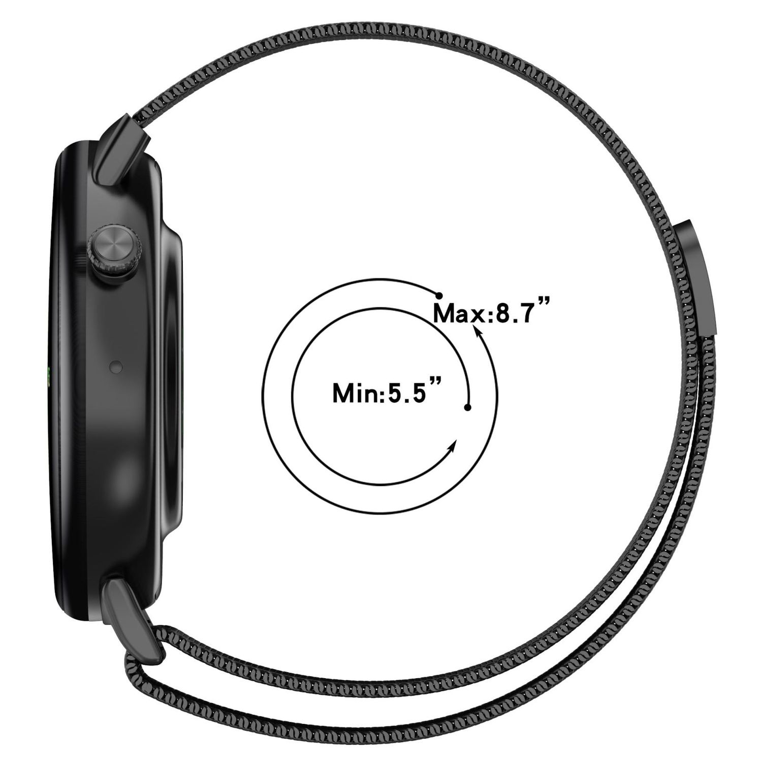 Seitenansicht einer schwarzen Smartwatch mit schwarzem Armband. Ein Kreis zeigt die Größe der Uhr mit Messungen an.