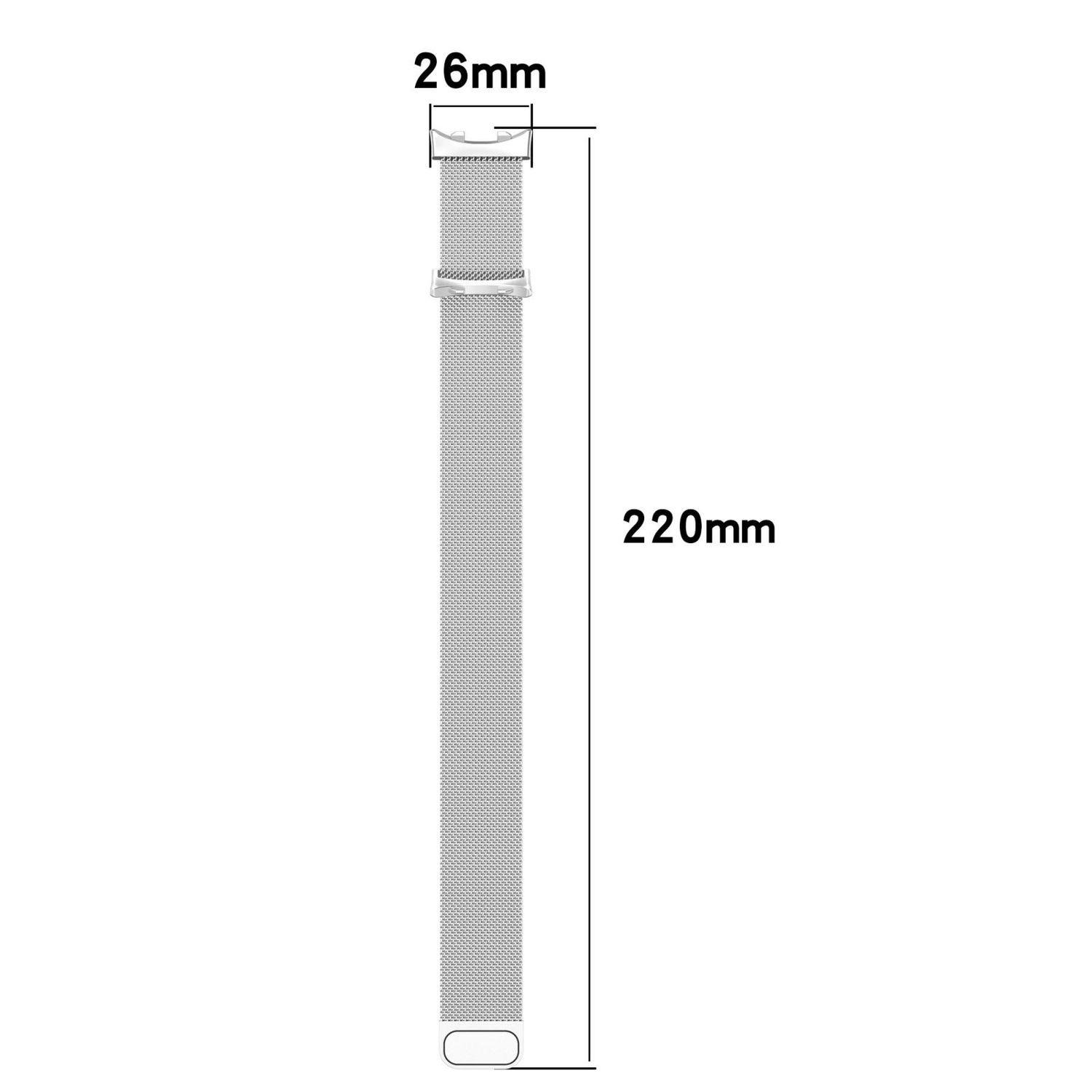 Ein Diagramm, das ein silbernes Uhrenarmband mit Abmessungen zeigt. Das Band ist 26 mm breit und 220 mm lang.