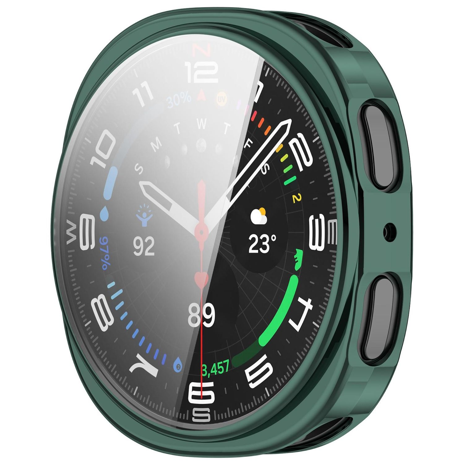 Quadrante verde con display digitale. Visualizza ora, data e altre informazioni. È in una cassa verde.