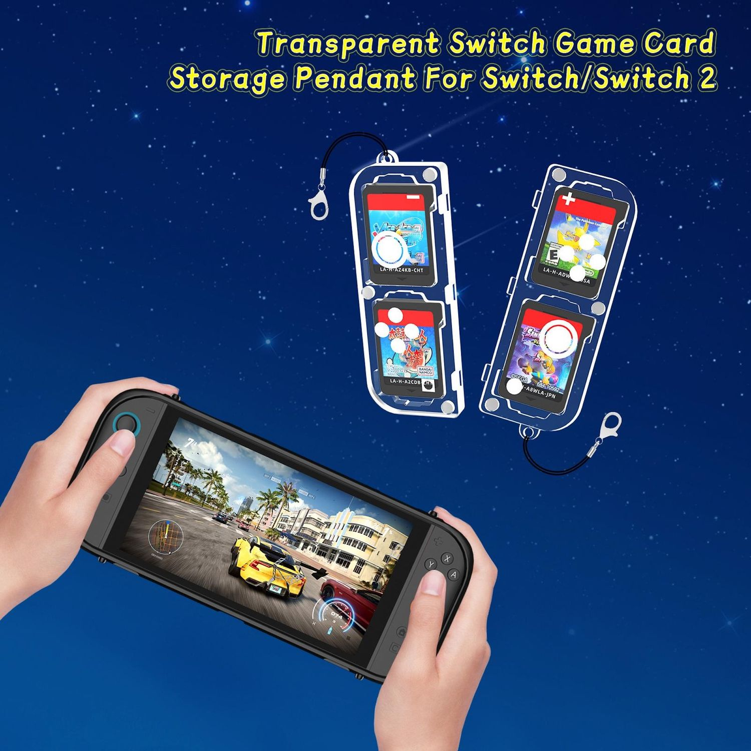 Eine Person hält eine Switch. Zwei Spielkarten in Anhängern und zwei Spielkarten. Nachthimmel-Hintergrund.