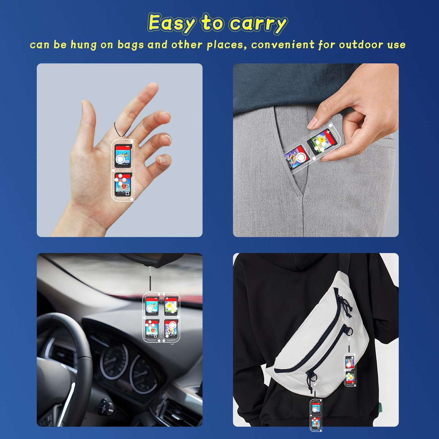 Eine Sammlung von Bildern, die zeigen, wie man ein kleines Gerät trägt. Es kann an Taschen, in Taschen oder im Auto aufgehängt werden.