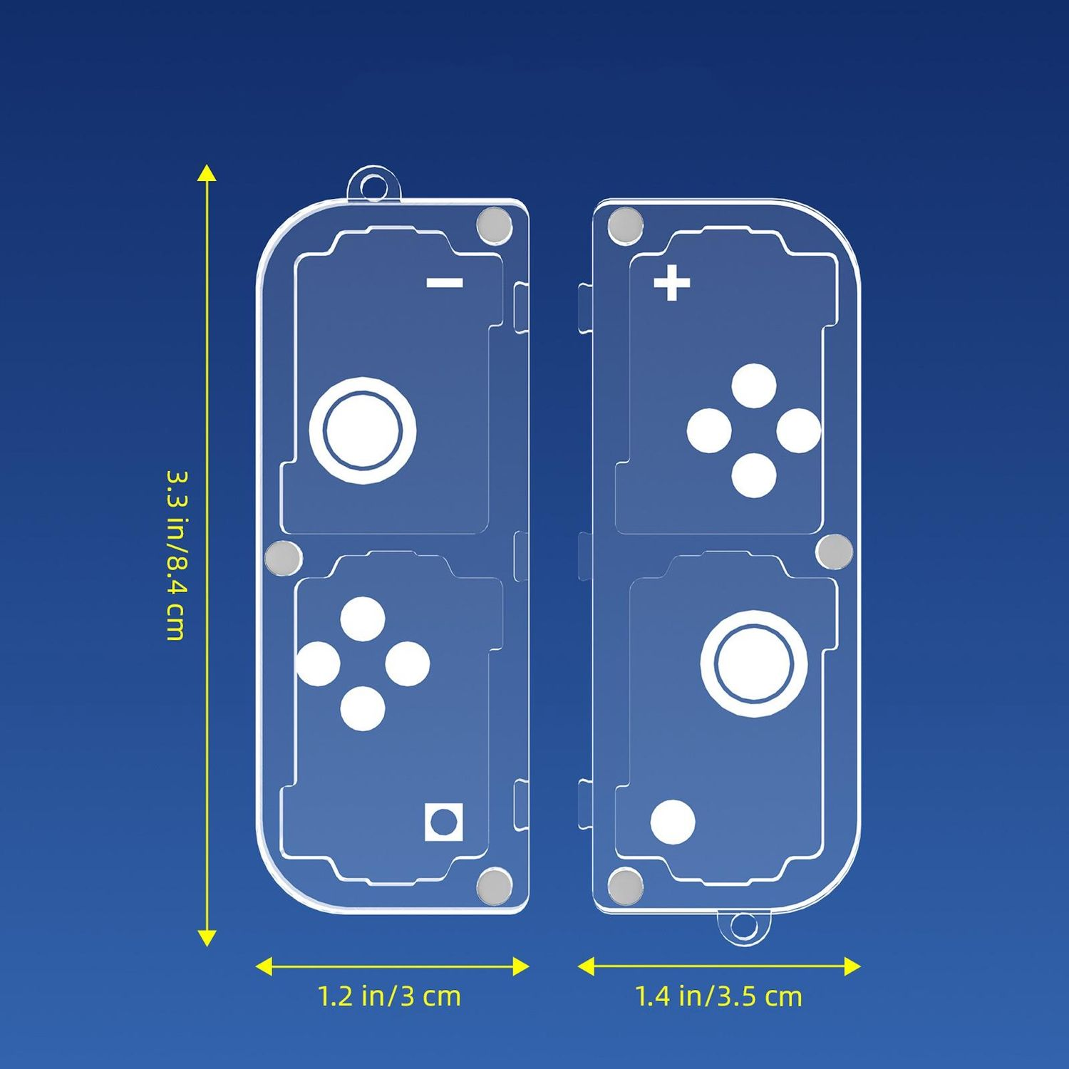 Zwei Switch-Controller-Umrisse mit Abmessungen. Blauer Hintergrund. Maße sind in Zoll und cm angegeben.
