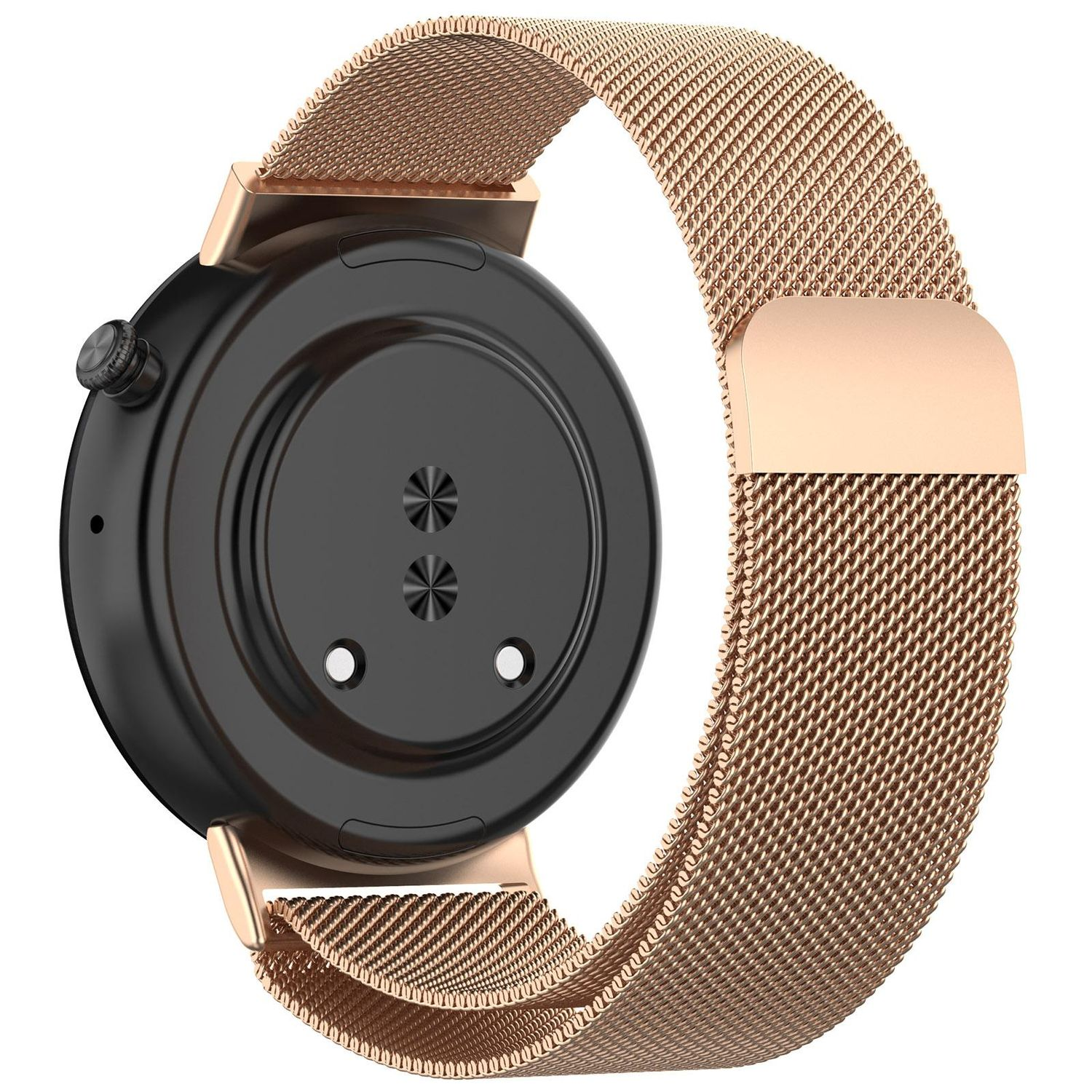 Retro smartwatch oro rosa con quadrante nero e cinturino a rete oro rosa.