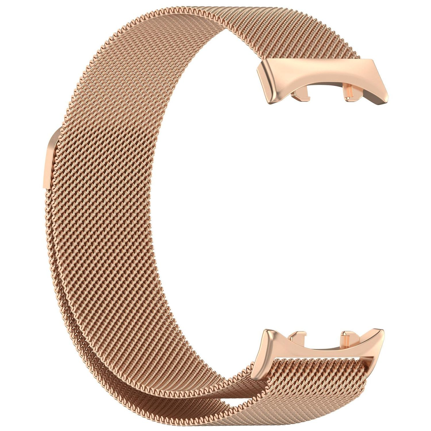 Un cinturino per orologio in oro rosa, curvo a forma di C. Il cinturino è in mesh con chiusure su ogni estremità.