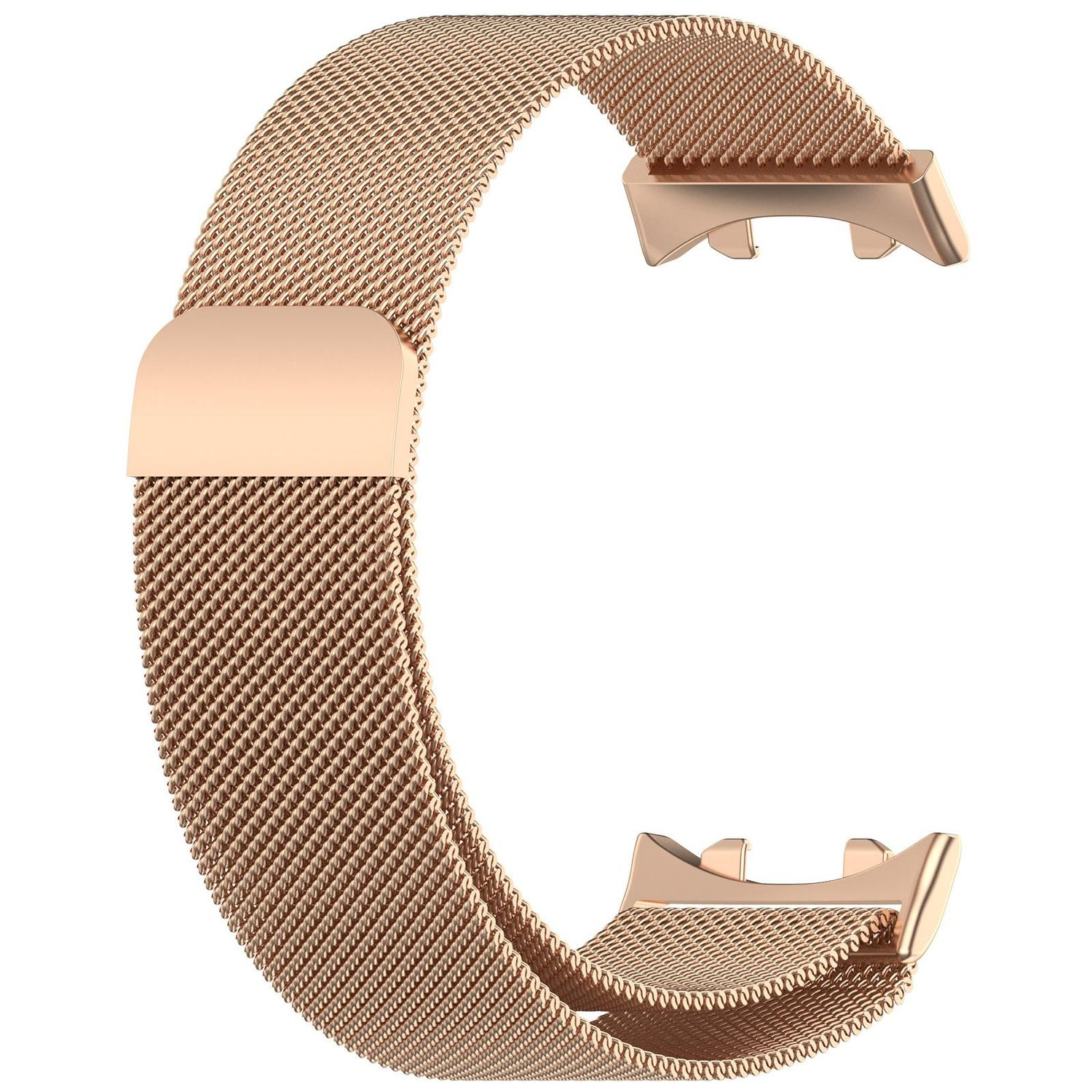 Cinturino per orologio in rete oro rosa, curvo a forma di C, chiusura alle estremità, sfondo bianco.