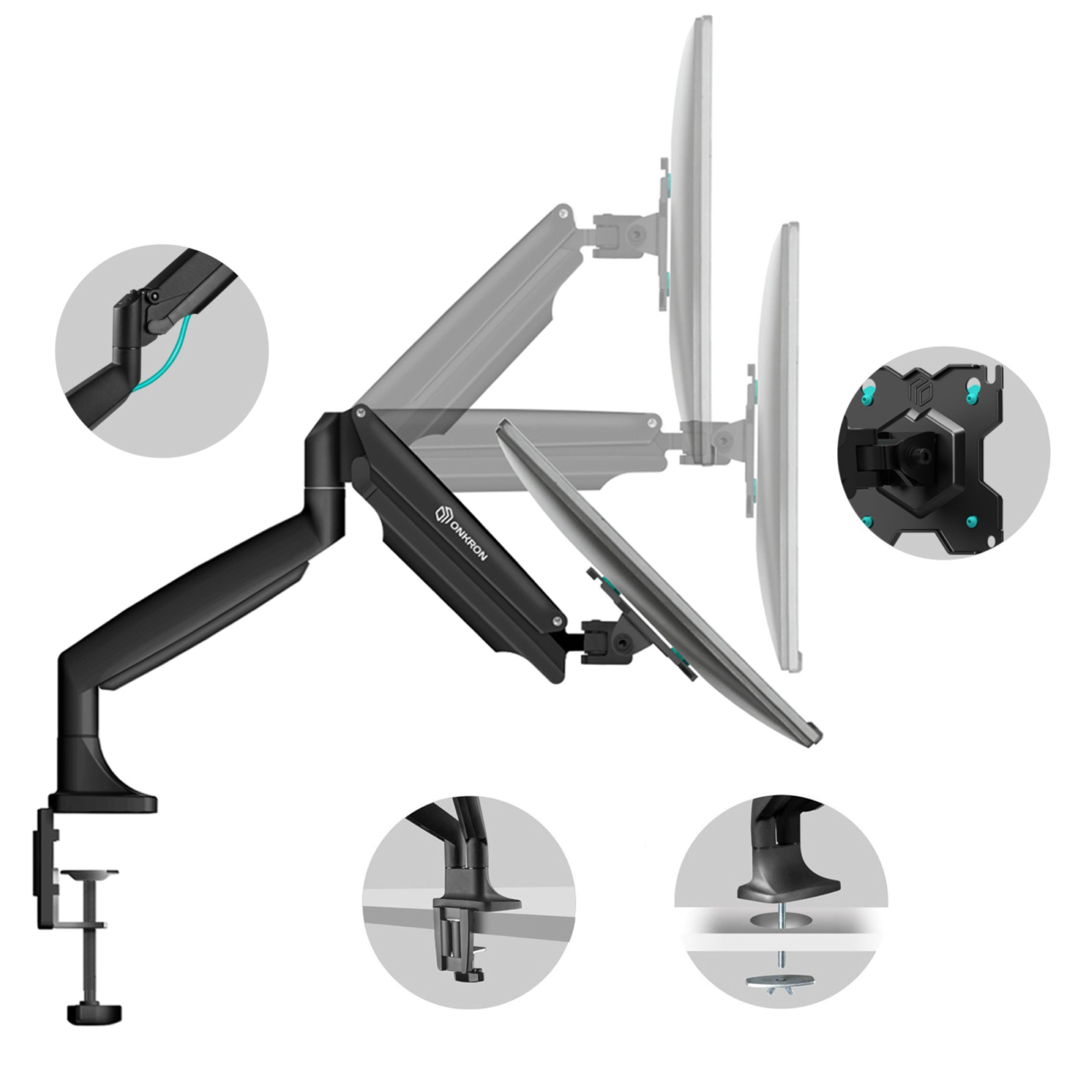Schemat ramienia monitora przedstawia regulowaną wysokość, obrót i opcje montażu na białym tle.