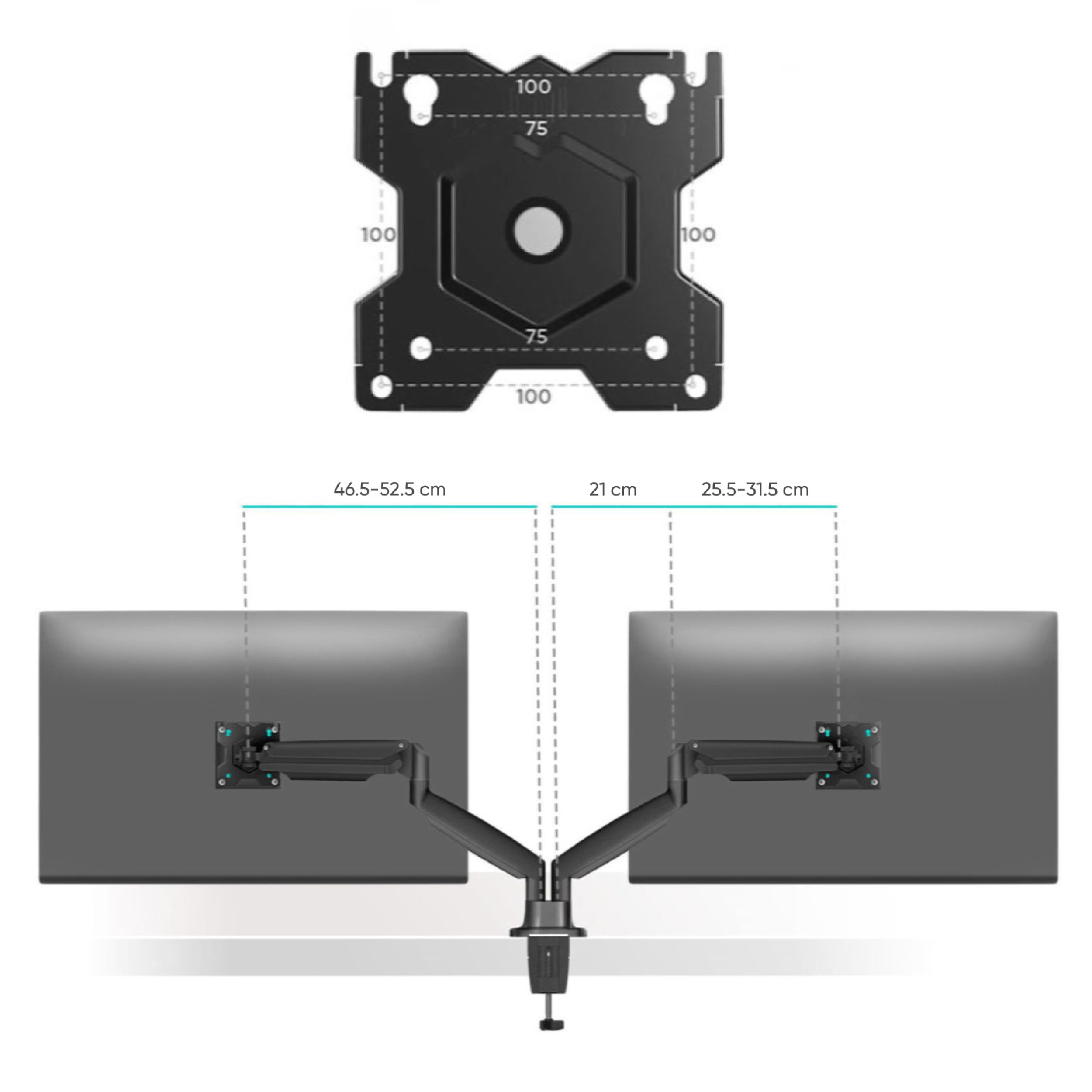 Diagram przedstawiający wymiary i opcje montażu dla dwóch monitorów na uchwycie biurkowym.