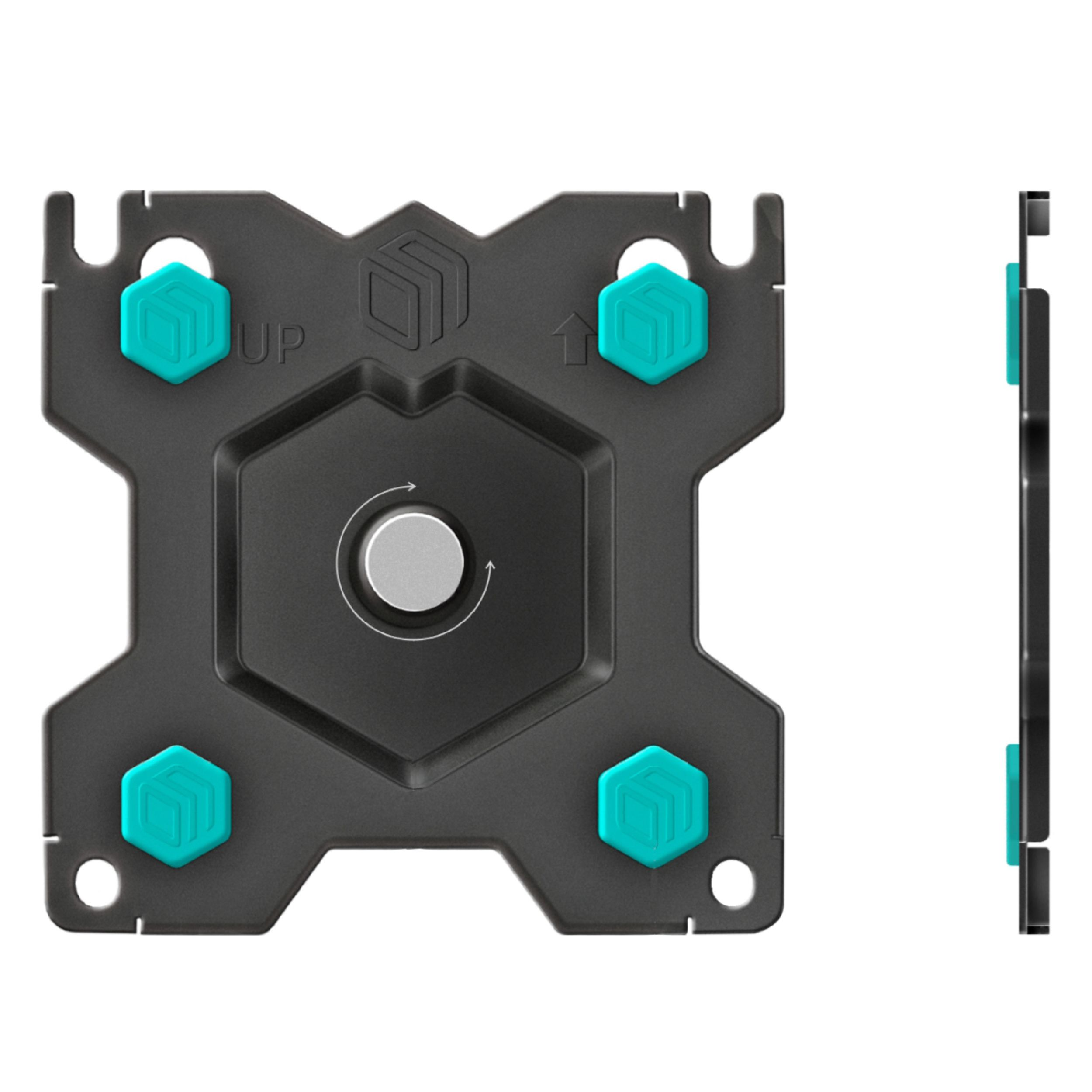 Zbliżenie czarnego uchwytu monitora z zielonymi akcentami na białym tle ukazuje jego design.