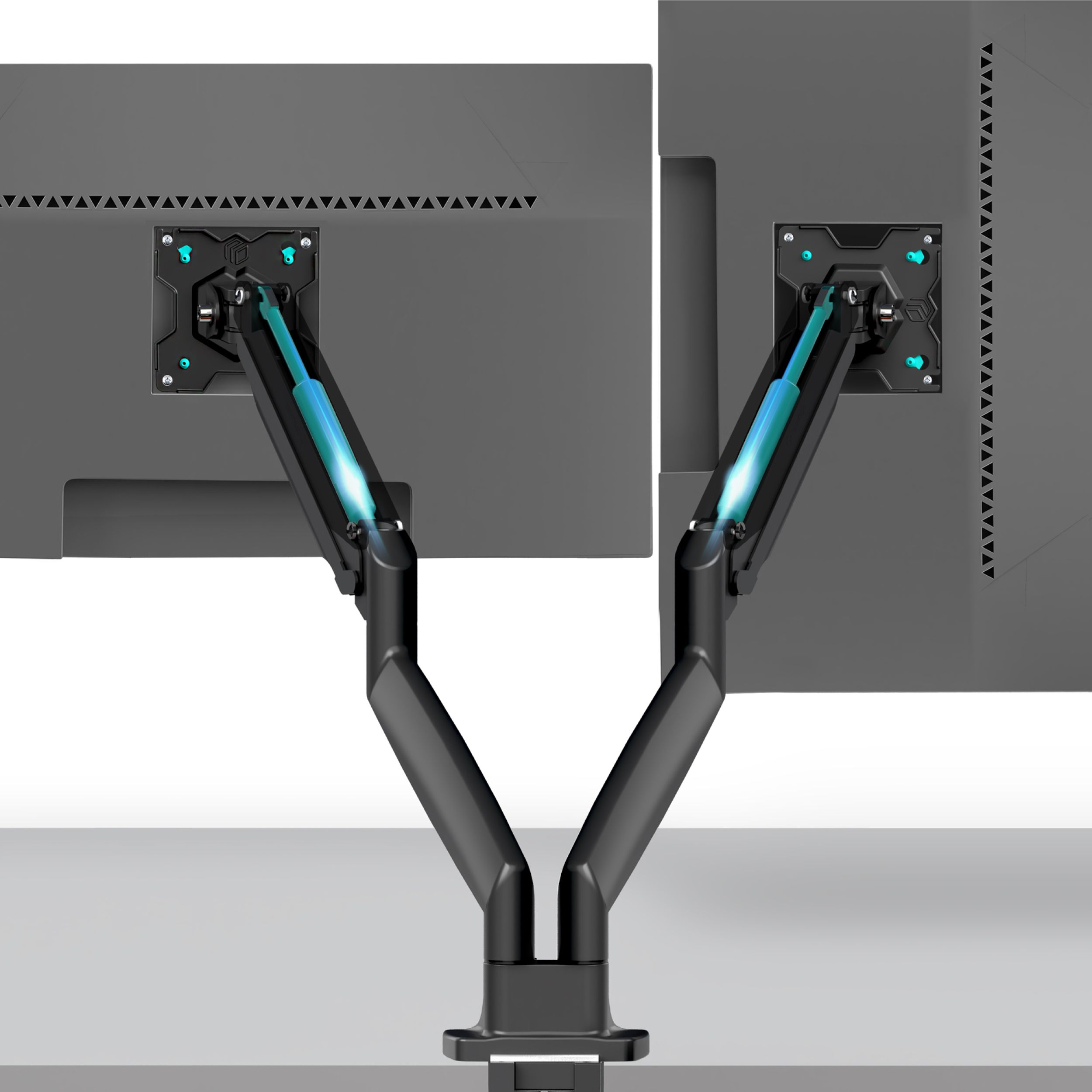 Zbliżenie pokazuje dwa monitory zamontowane na czarnym ramieniu, podkreślając niebieskie ramiona hydrauliczne.