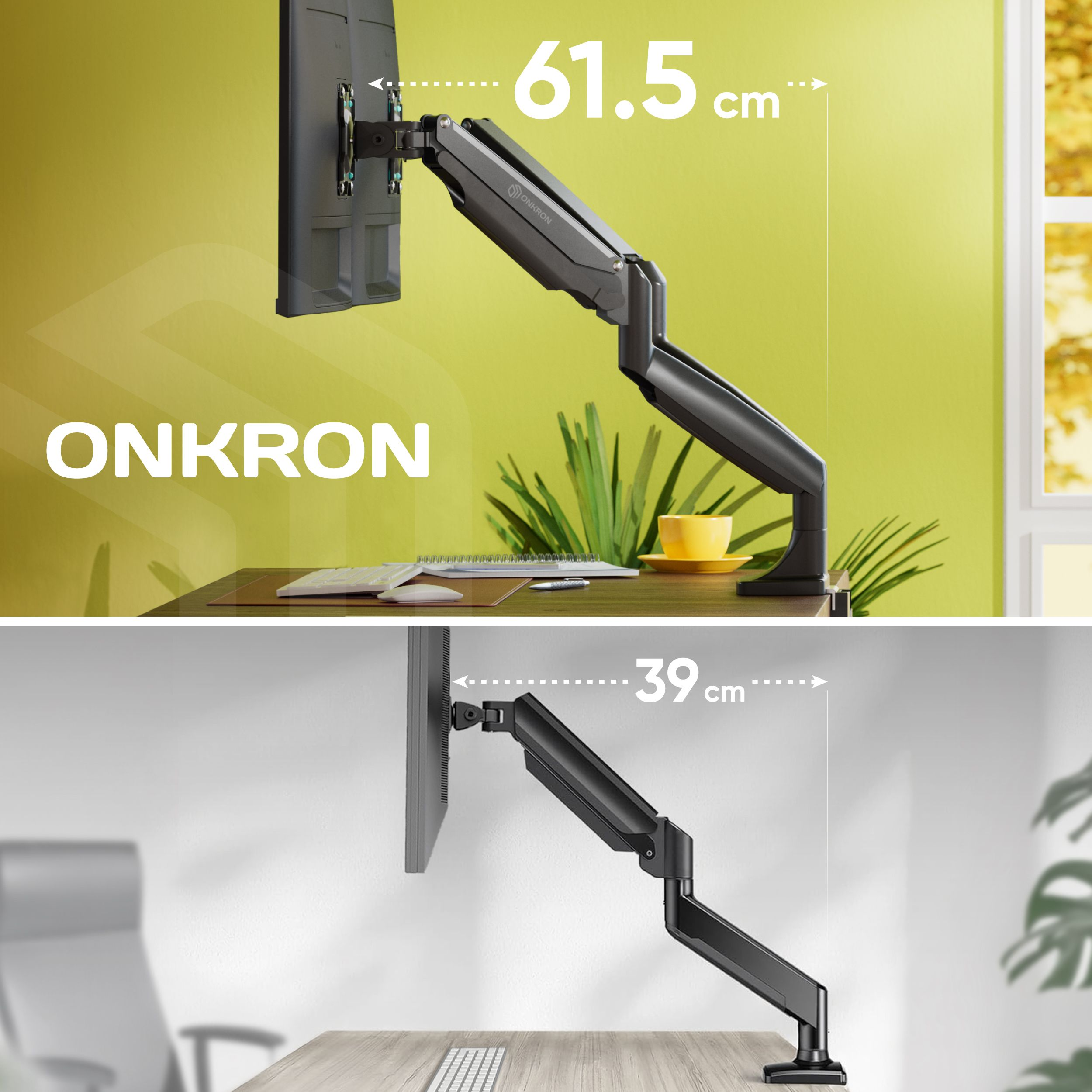 Obraz przedstawia zasięg i wysokość ramienia monitora w biurze i w domu, demonstrując ergonomiczną elastyczność.
