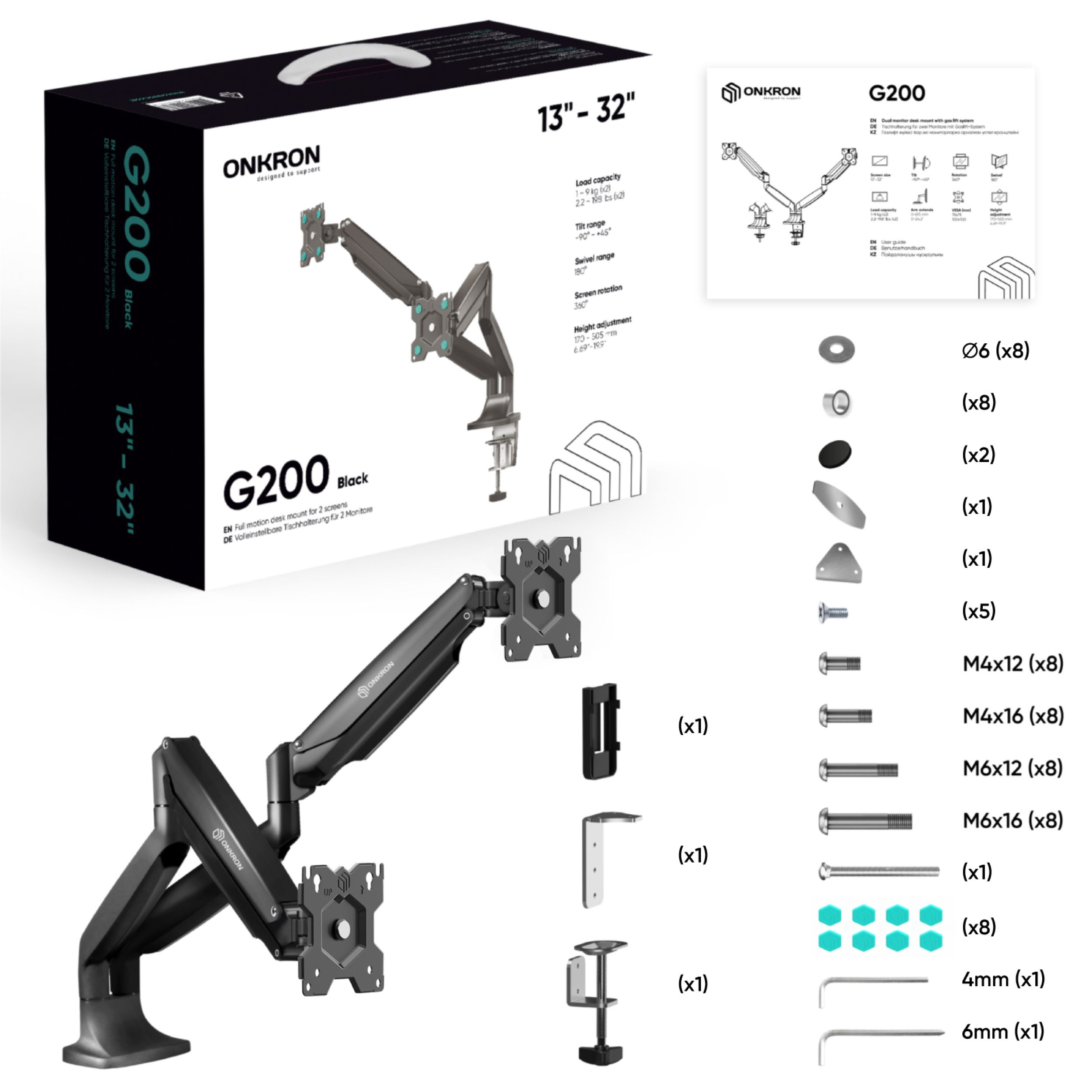 Pudełko uchwytu monitora ONKRON G200 i komponenty wyświetlają cechy produktu i elementy montażowe.