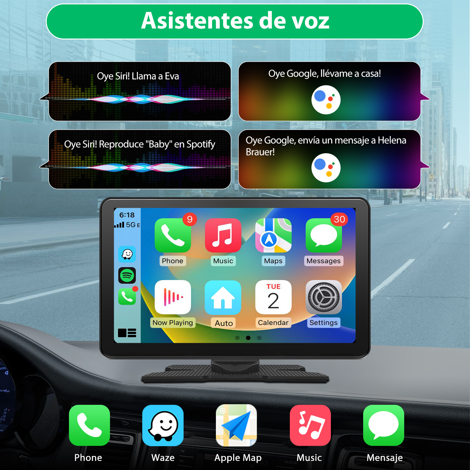 Panel del coche con pantalla que muestra iconos de aplicaciones, indicaciones de asistente de voz y una ciudad a través del parabrisas.