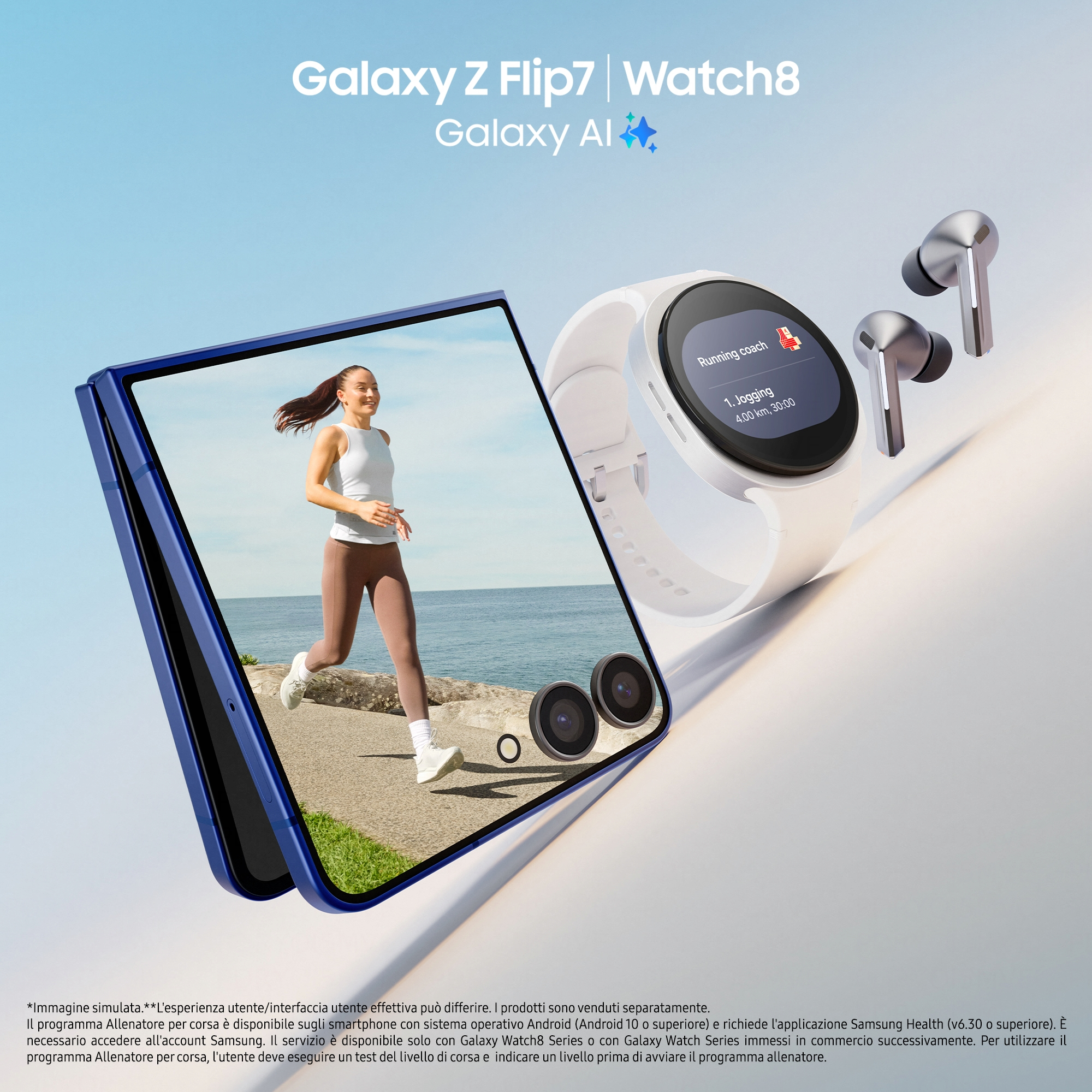 Eine Frau rennt neben einem gefalteten blauen Telefon, einer Smartwatch und kabellosen Ohrhörern.
