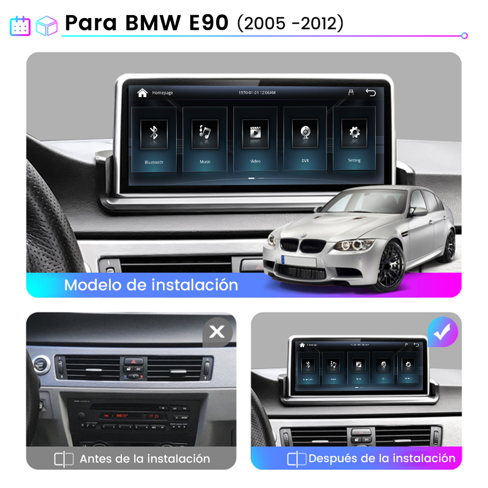 Panel de coche con pantalla que muestra una interfaz multimedia antes y después de la instalación.