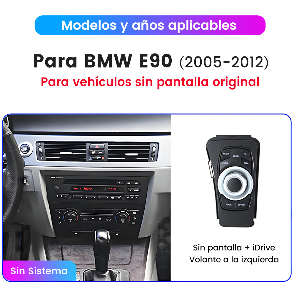 Panel de coche con pantalla mostrando interfaz multimedia, con panel de control separado.