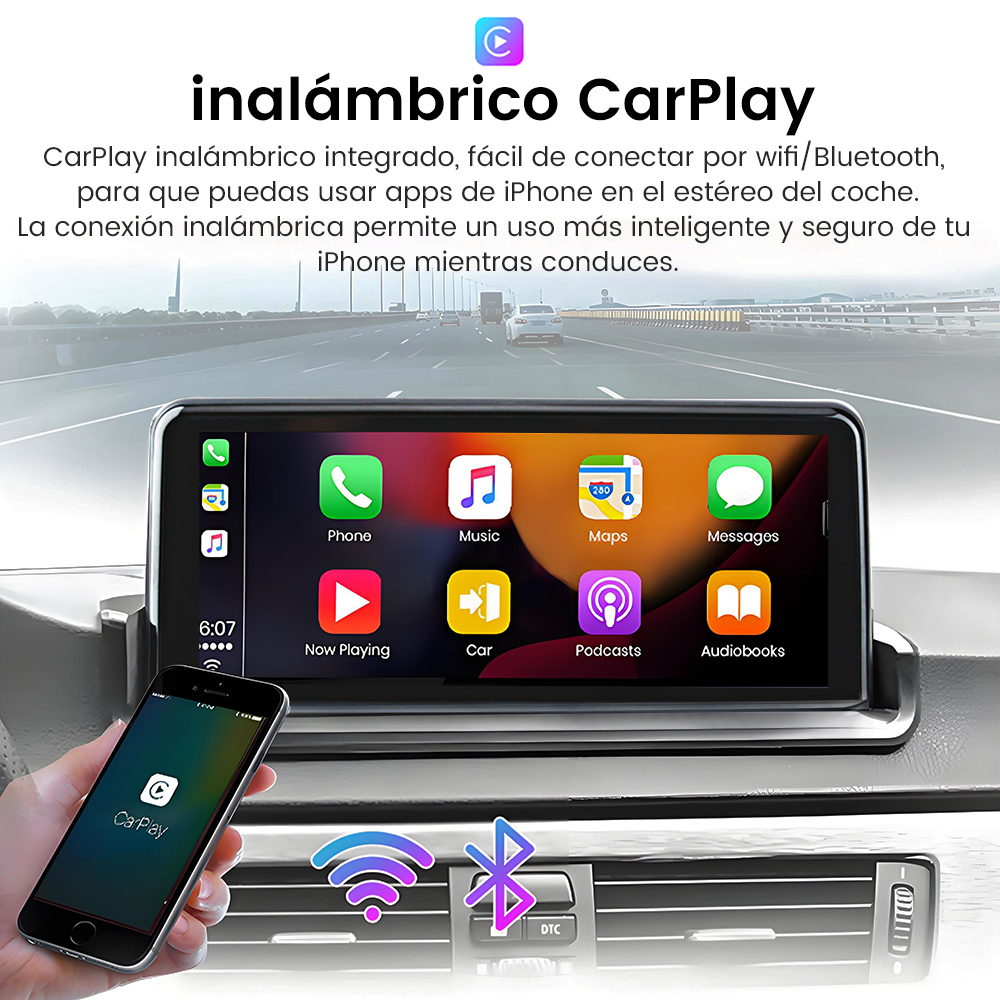 Pantalla del salpicadero del coche con iconos de aplicaciones, un teléfono que muestra CarPlay y un símbolo de Bluetooth.