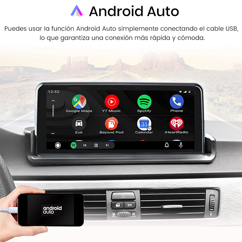 Panel de coche con pantallas Apple CarPlay y Android Auto, junto con un conector.