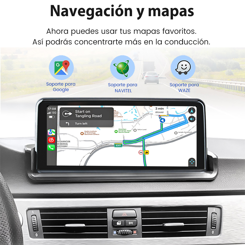 Un panel con un teléfono que muestra Android Auto, conectado por USB, con iconos de aplicaciones.