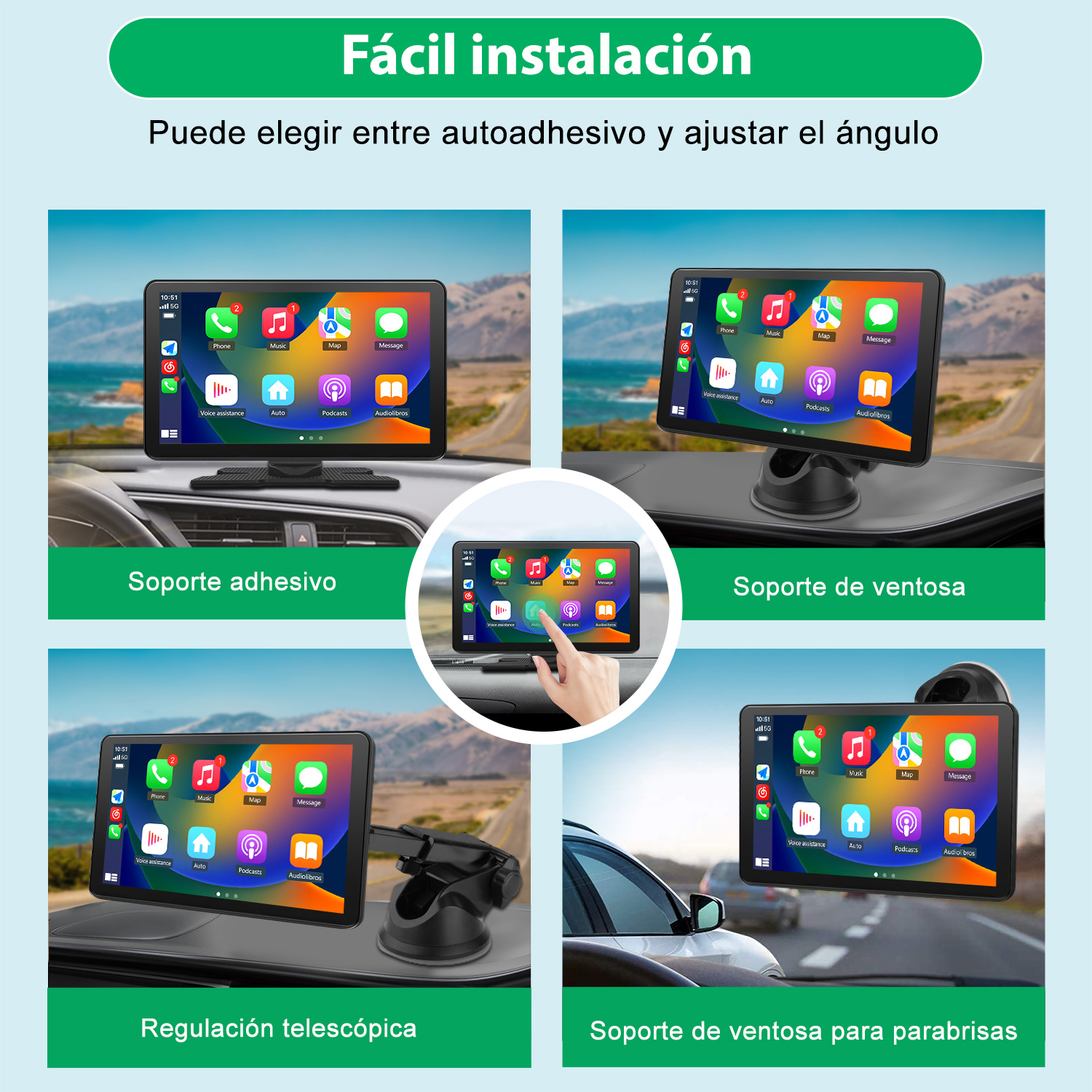 Cuatro configuraciones diferentes de pantalla de salpicadero de coche, mostrando varias opciones de montaje y orientaciones de pantalla.