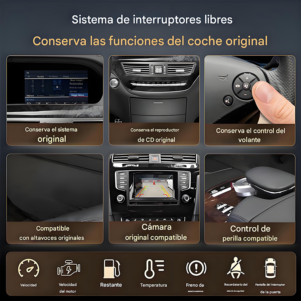 Salpicadero de coche con varias funciones originales del coche, incluyendo reproductor de CD, controles del volante y altavoces.